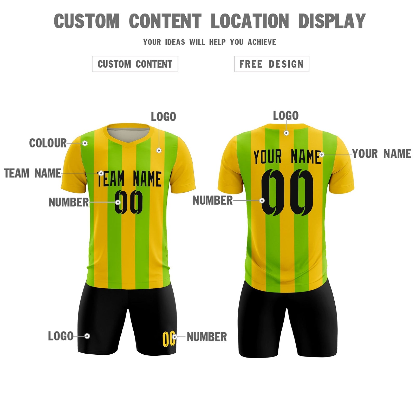 Custom Gold Neon Green Vertical Stripes Casual Outdoor Soccer Sets Jersey
