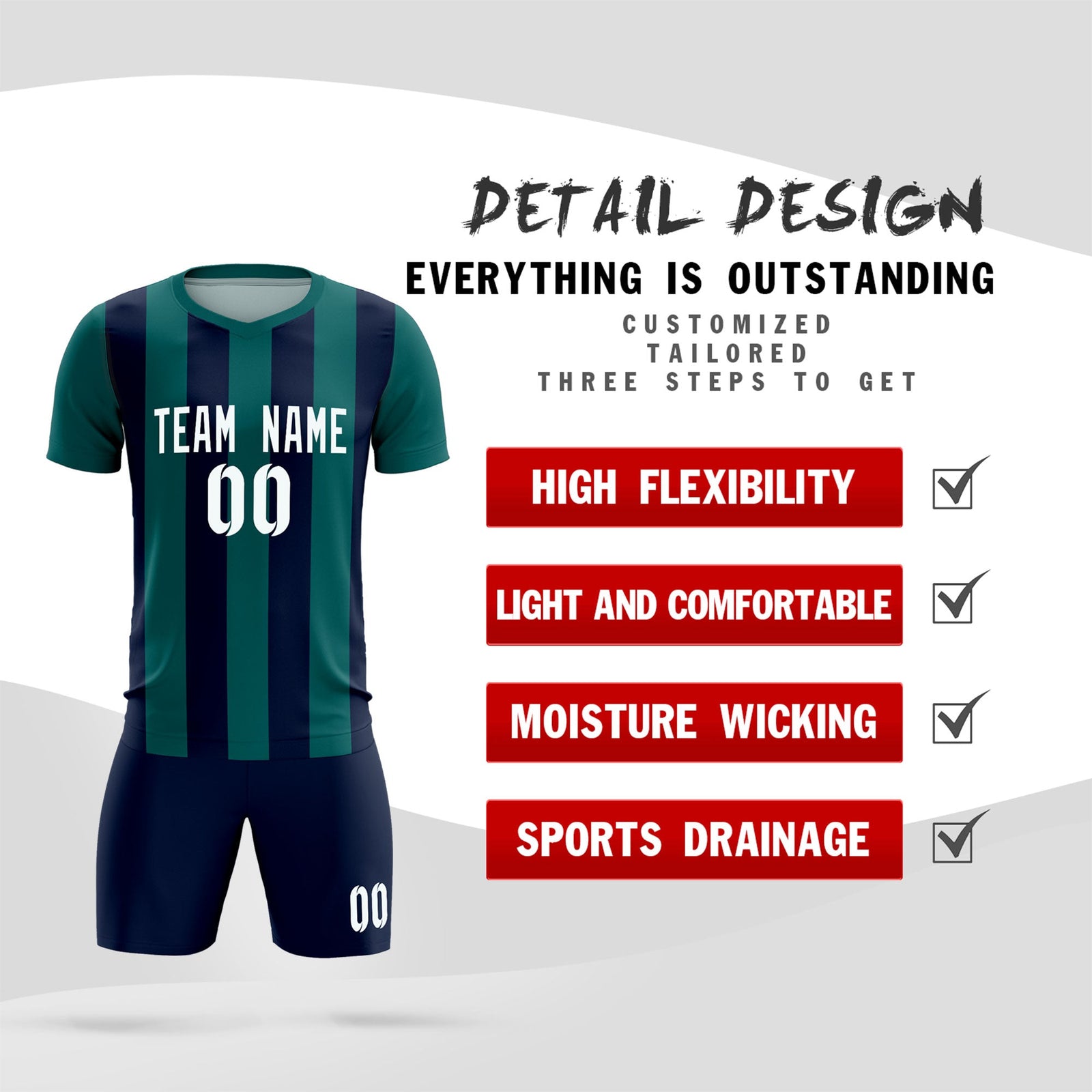 Custom Aqua Navy Vertical Stripes Casual Outdoor Soccer Sets Jersey