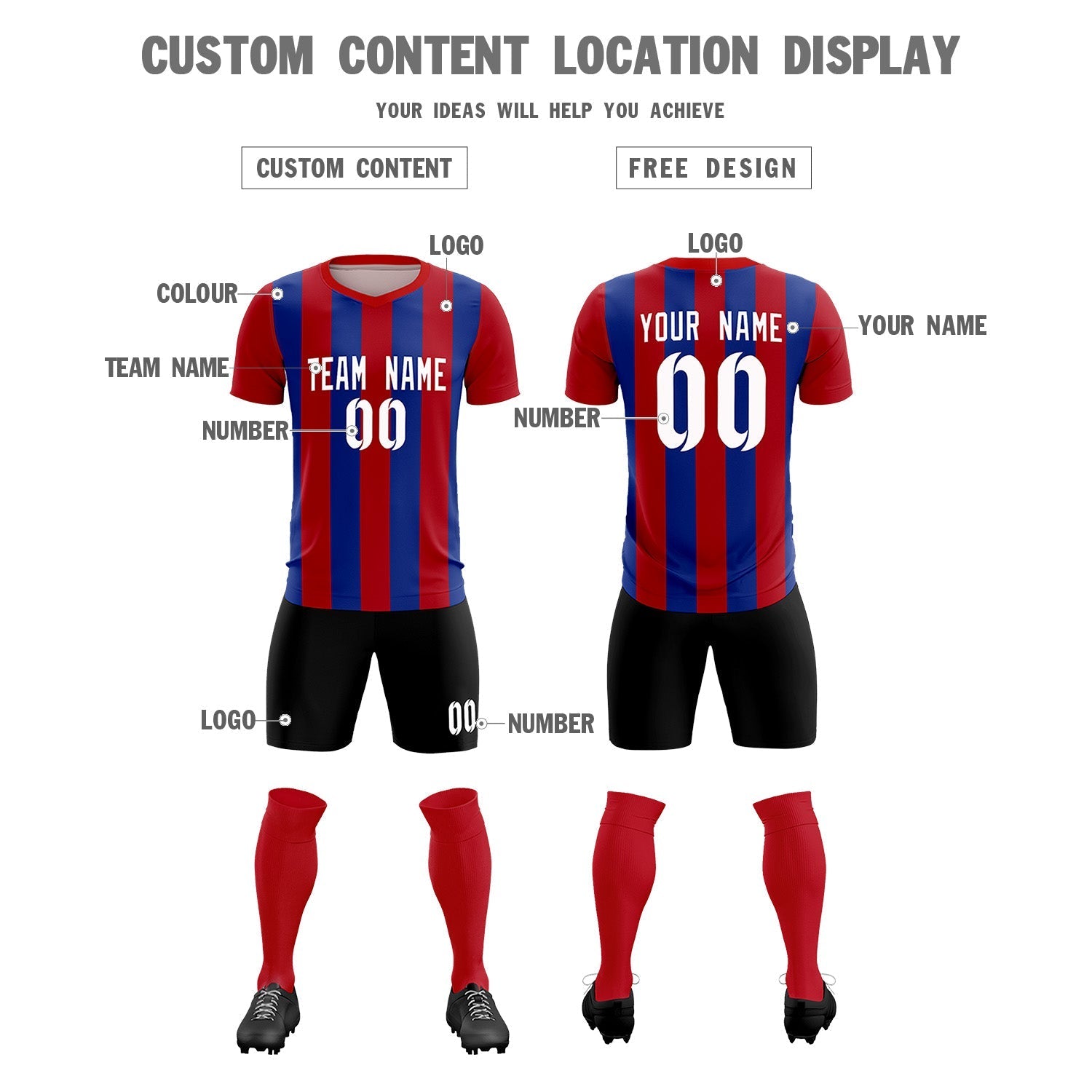 Custom Red Royal Vertical Stripes Casual Outdoor Soccer Sets Jersey