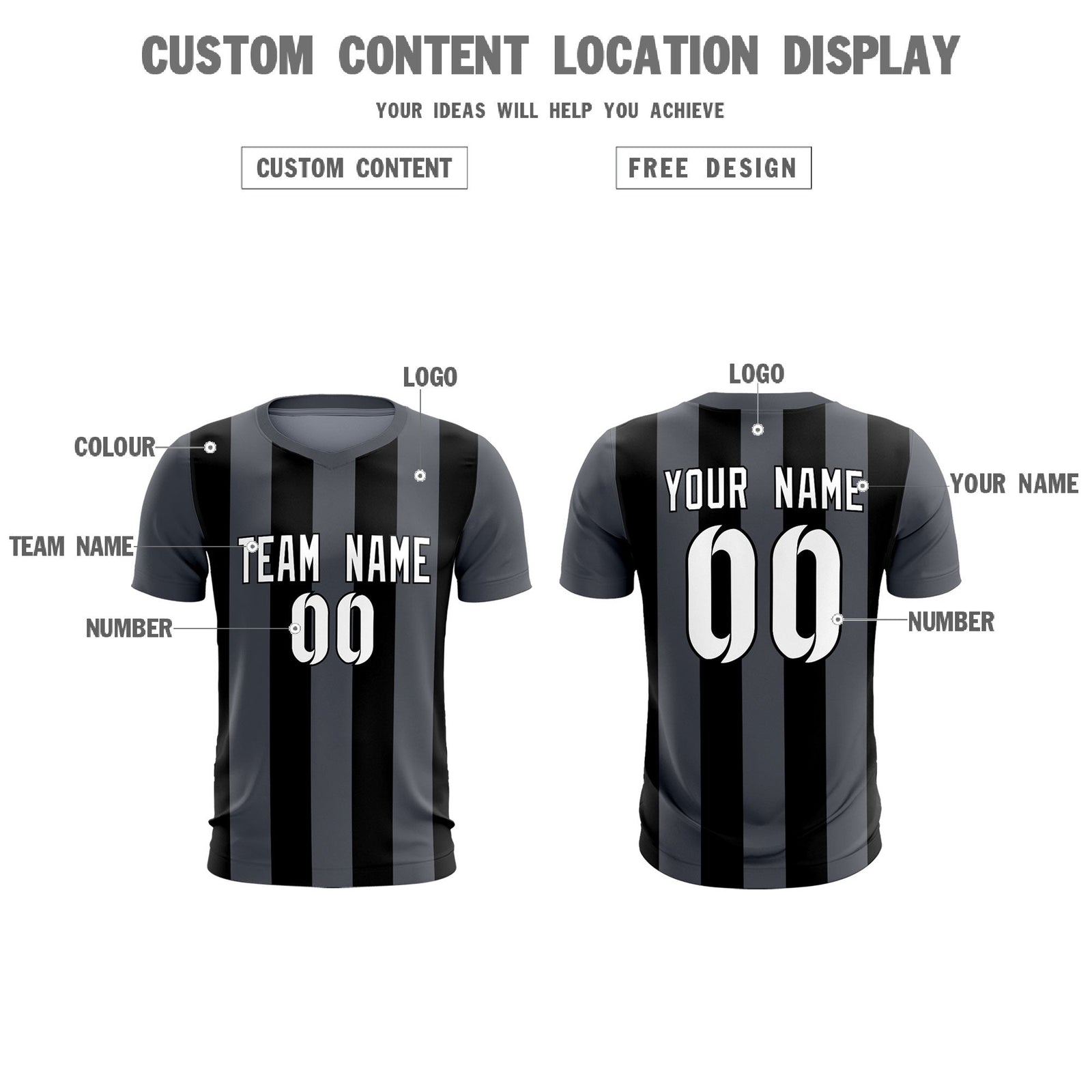 Custom Dark Gray Black Vertical Stripes Casual Outdoor Soccer Sets Jersey