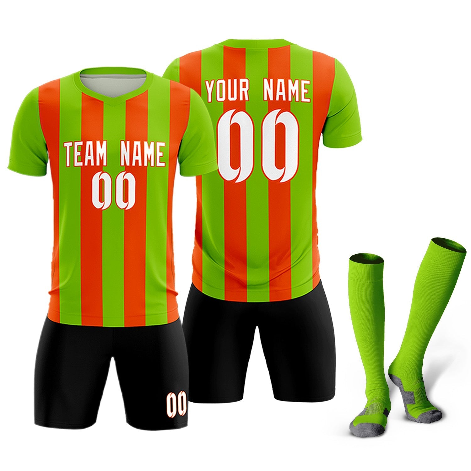 Custom Neon Green Orange Vertical Stripes Casual Outdoor Soccer Sets Jersey