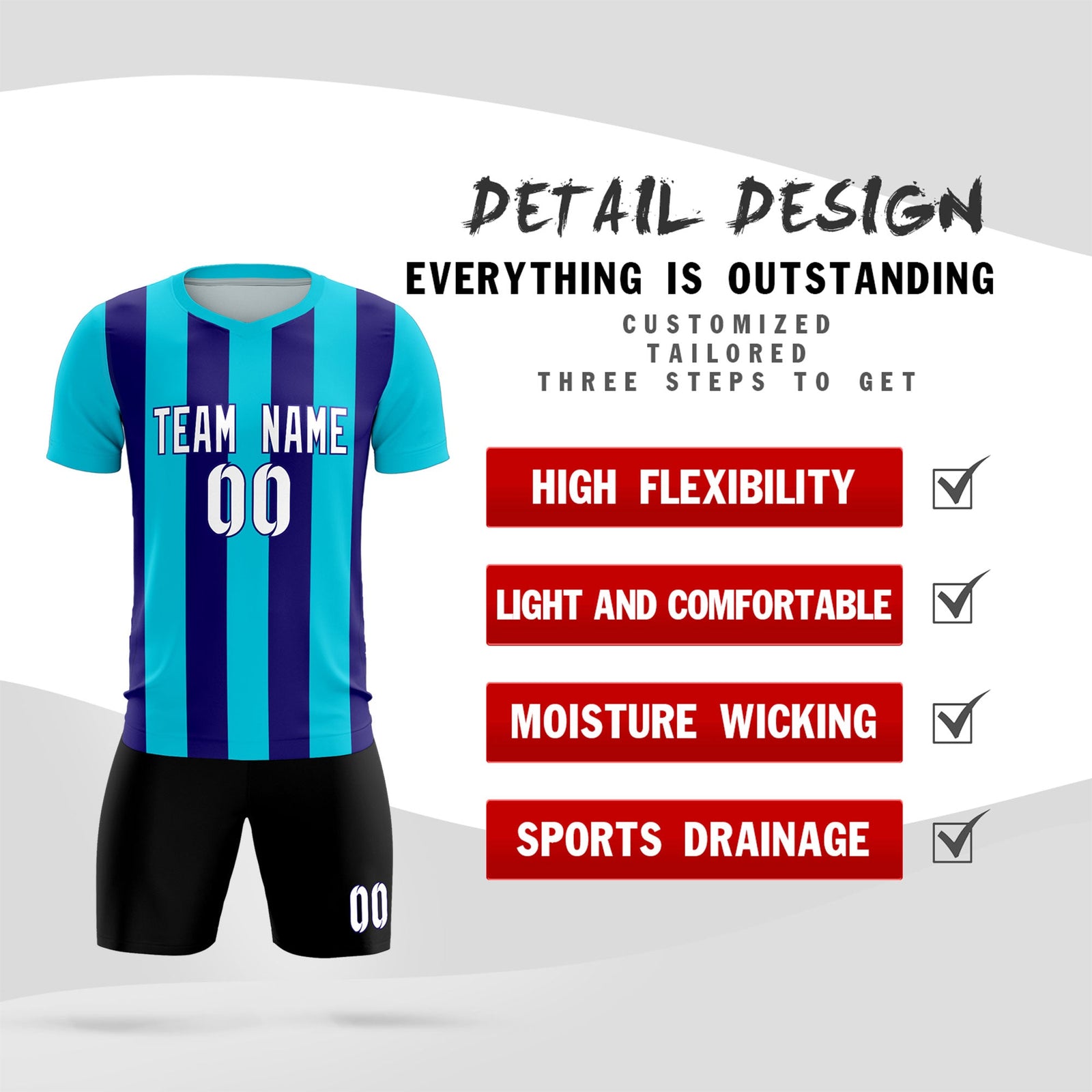 Custom Sky Blue Royal Vertical Stripes Casual Outdoor Soccer Sets Jersey