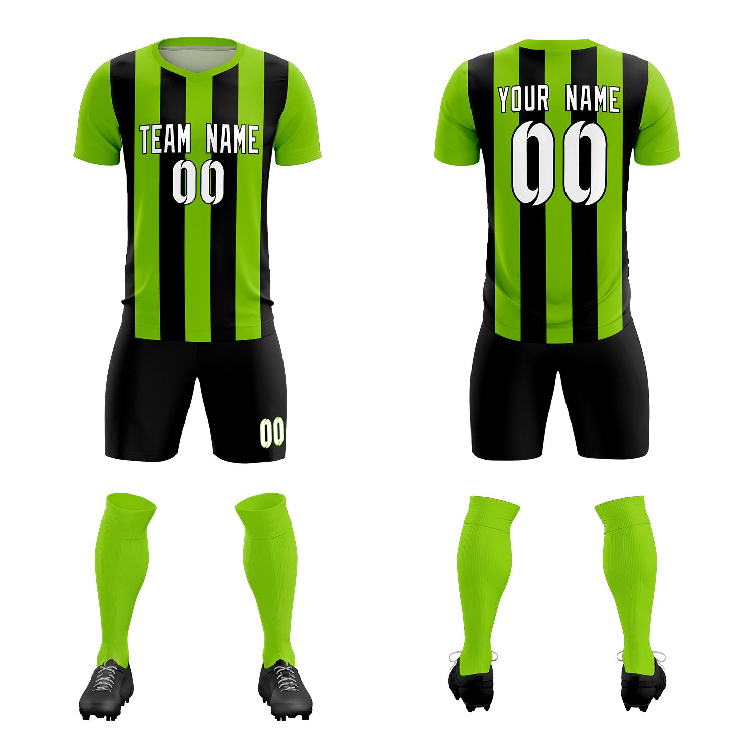 Custom Neon Green Black Vertical Stripes Casual Outdoor Soccer Sets Jersey