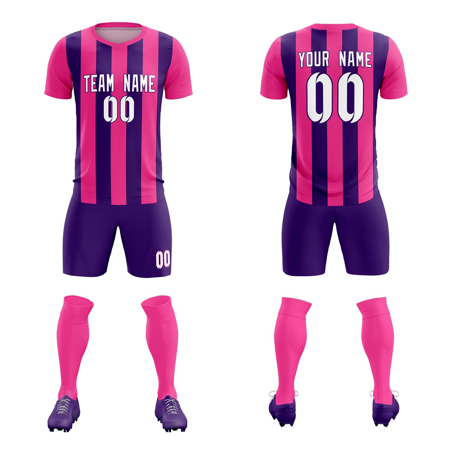 Custom Pink Purple Vertical Stripes Casual Outdoor Soccer Sets Jersey