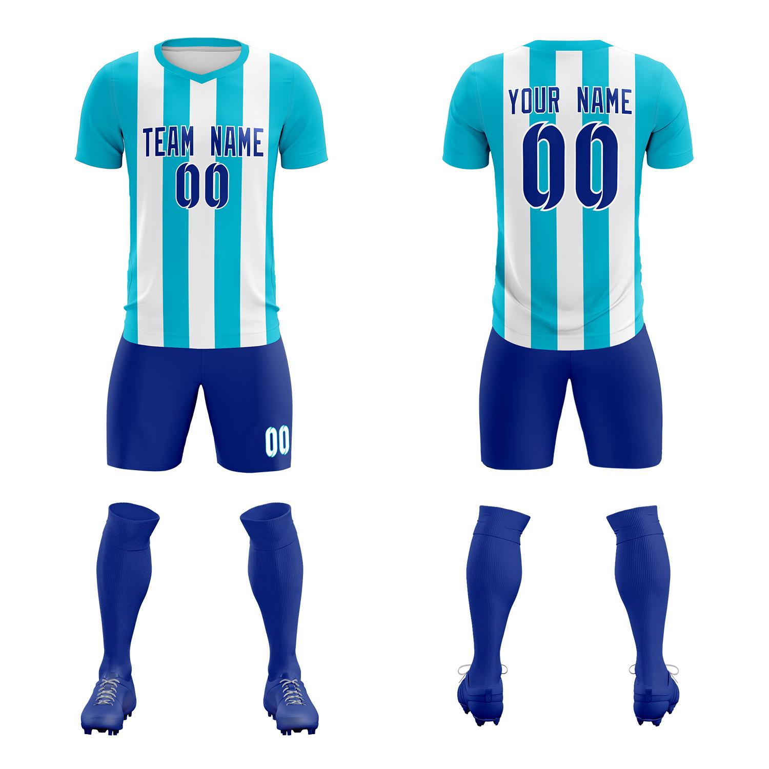 Custom White Sky Blue Vertical Stripes Casual Outdoor Soccer Sets Jersey