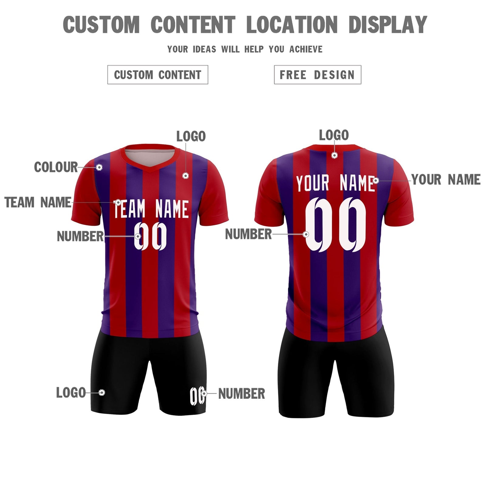 Custom Red Purple Vertical Stripes Casual Outdoor Soccer Sets Jersey