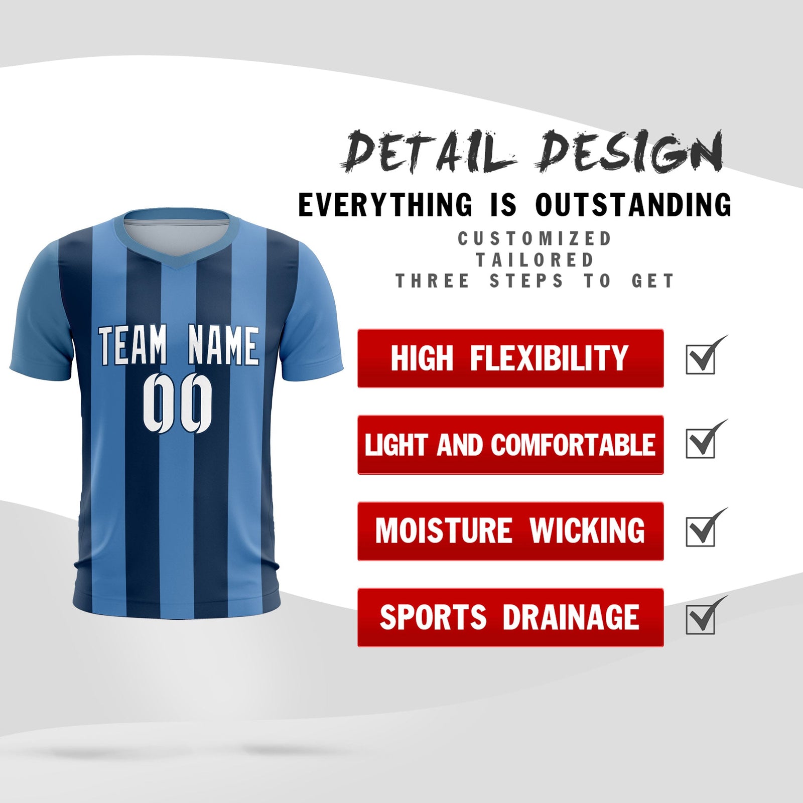 Custom Light Blue Midnight Blue Vertical Stripes Casual Outdoor Soccer Sets Jersey
