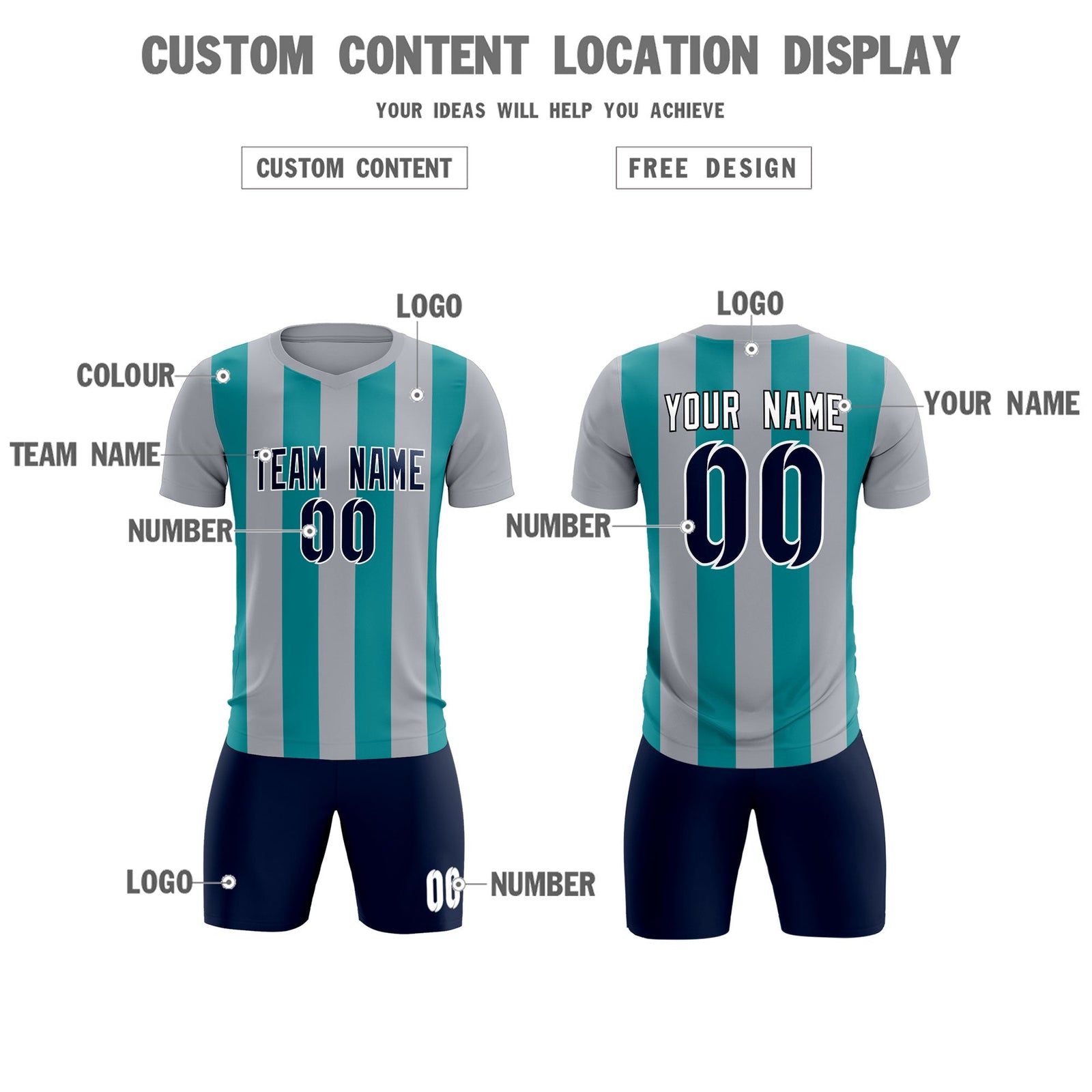 Custom Gray Aqua Vertical Stripes Casual Outdoor Soccer Sets Jersey