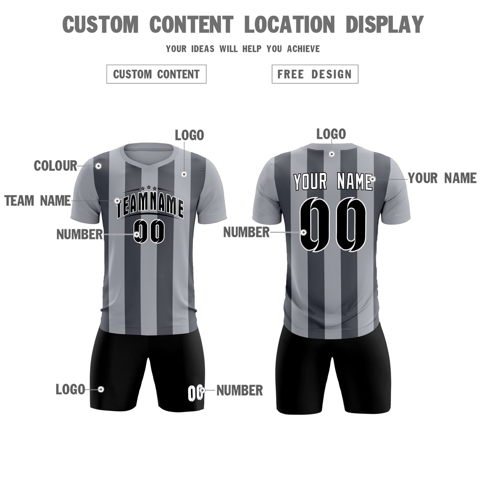 Custom Gray Dark Gray Vertical Stripes Casual Outdoor Soccer Sets Jersey