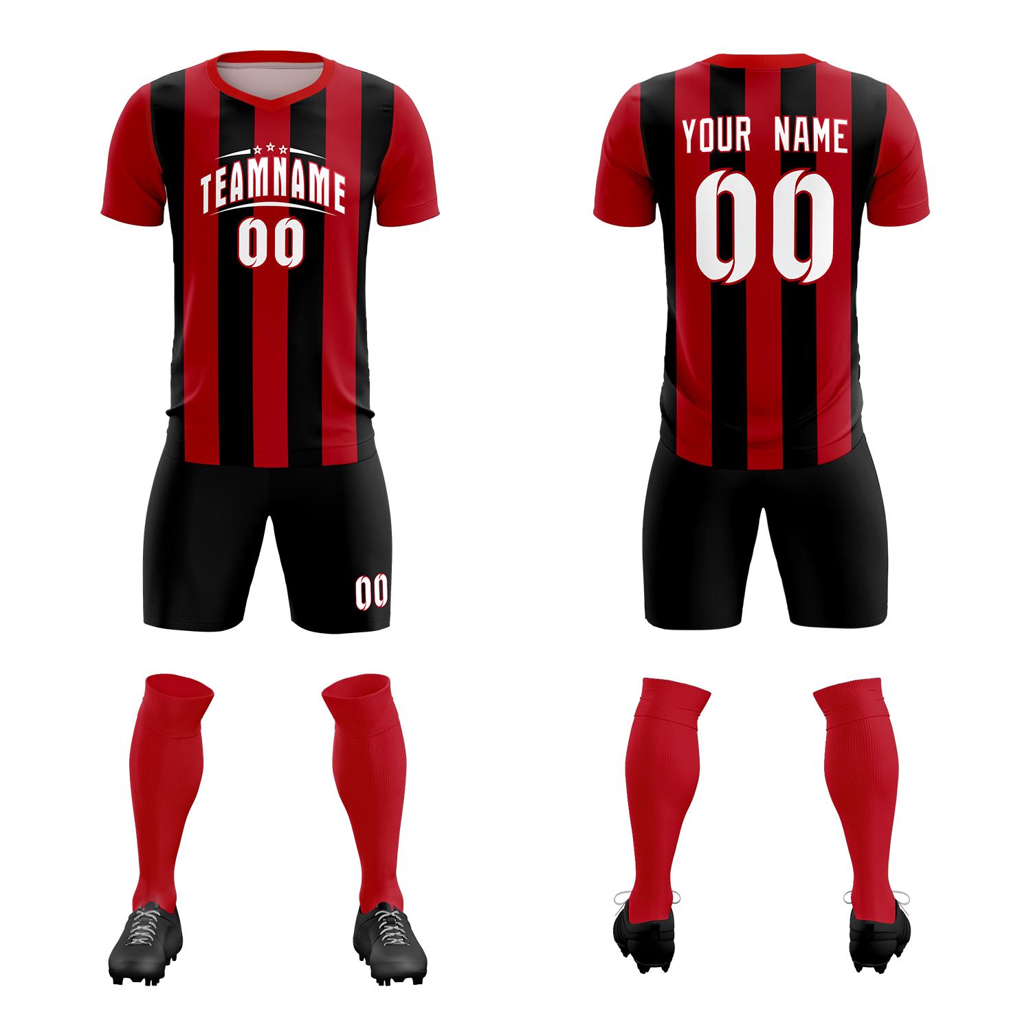 Custom Red Black Vertical Stripes Casual Outdoor Soccer Sets Jersey