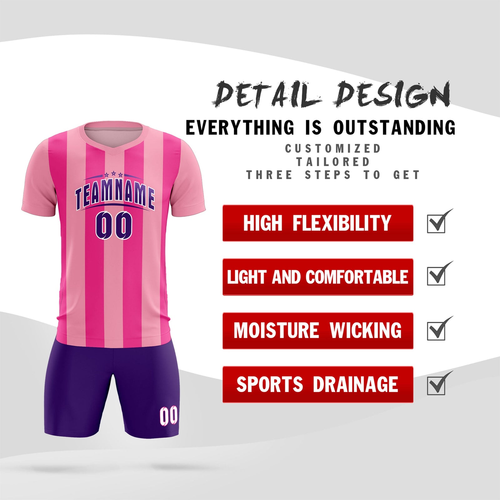 Custom Light Pink Pink Vertical Stripes Casual Outdoor Soccer Sets Jersey