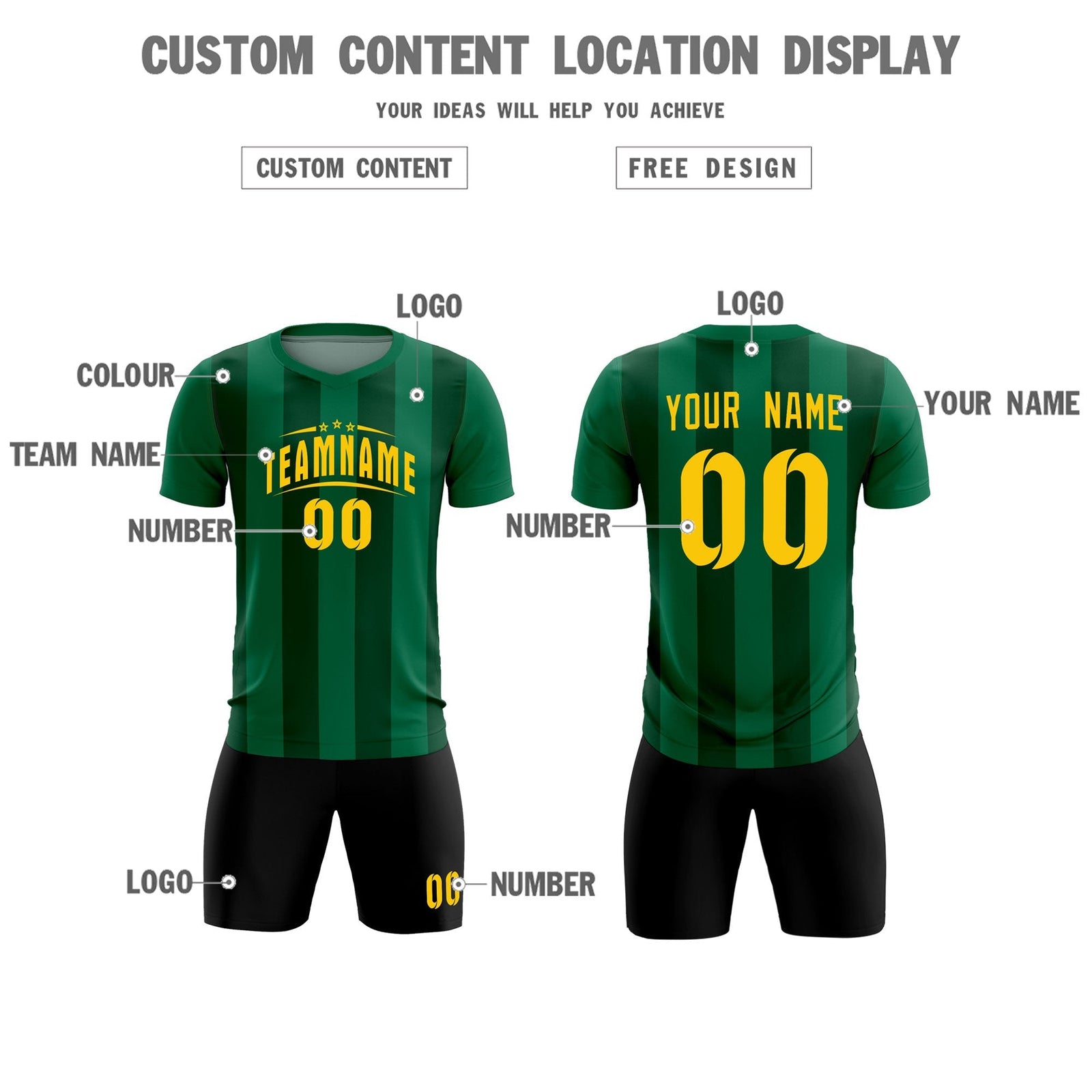 Custom Kelly Green Green Vertical Stripes Casual Outdoor Soccer Sets Jersey