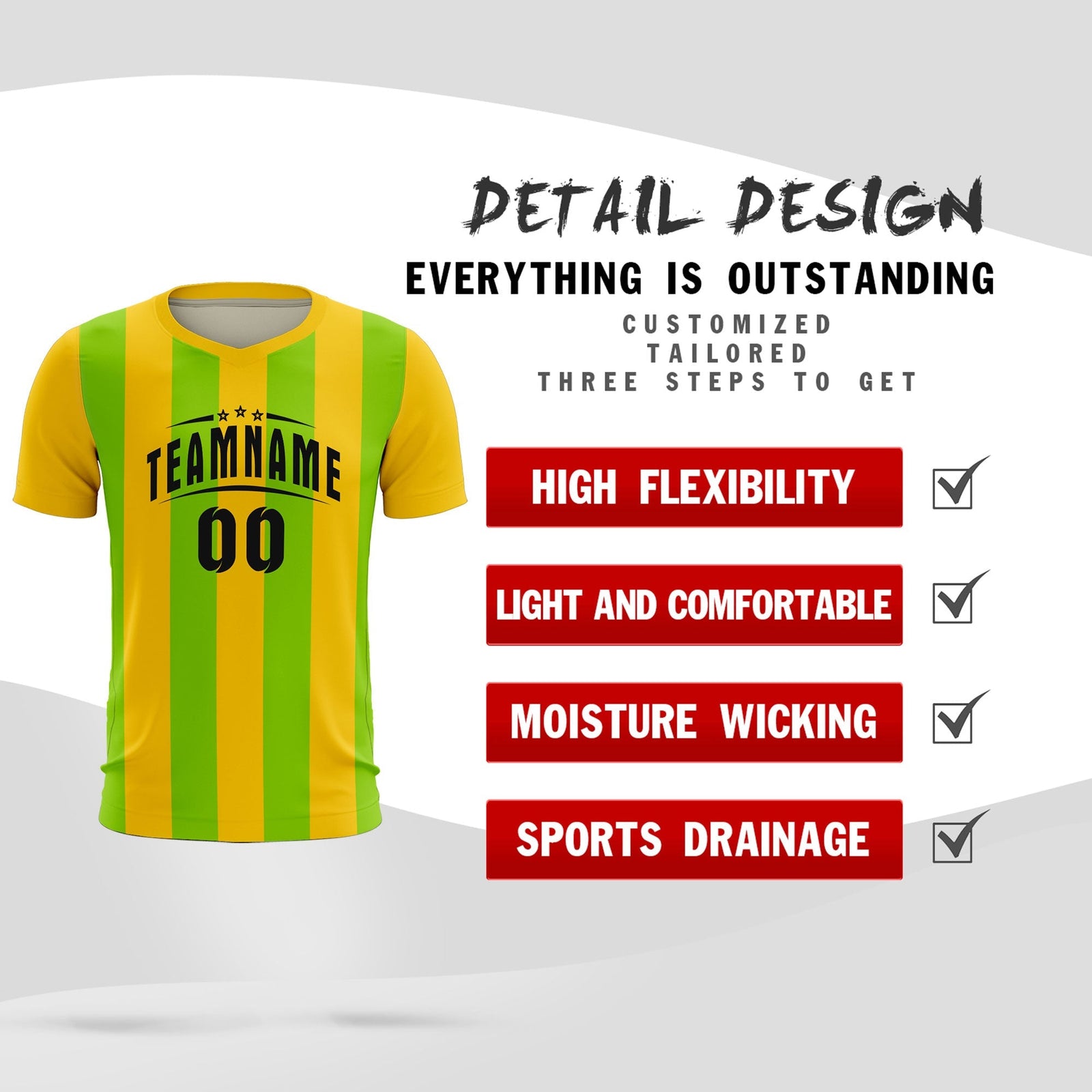 Custom Gold Neon Green Vertical Stripes Casual Outdoor Soccer Sets Jersey
