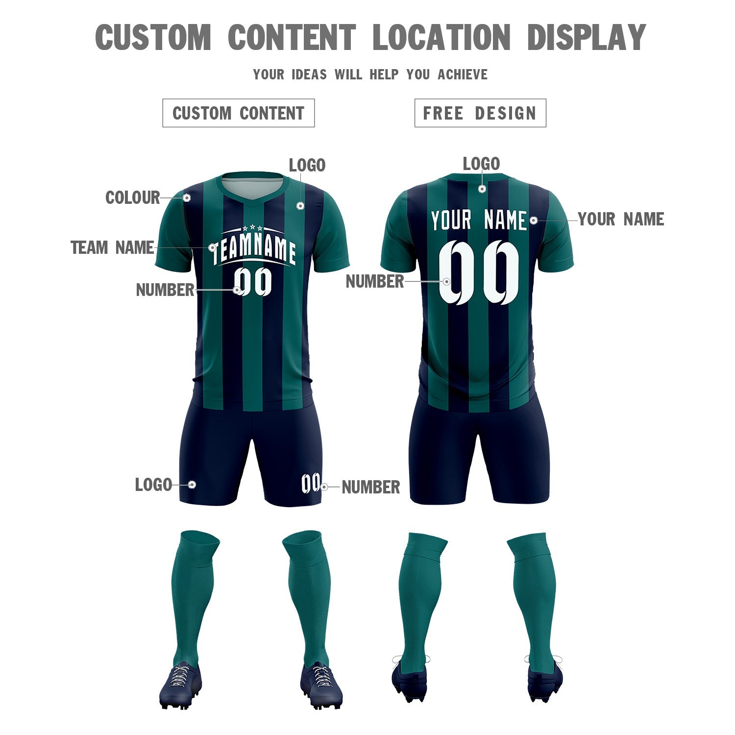 Custom Aqua Navy Vertical Stripes Casual Outdoor Soccer Sets Jersey