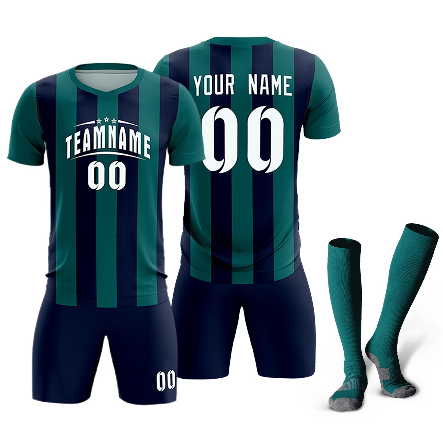 Custom Aqua Navy Vertical Stripes Casual Outdoor Soccer Sets Jersey