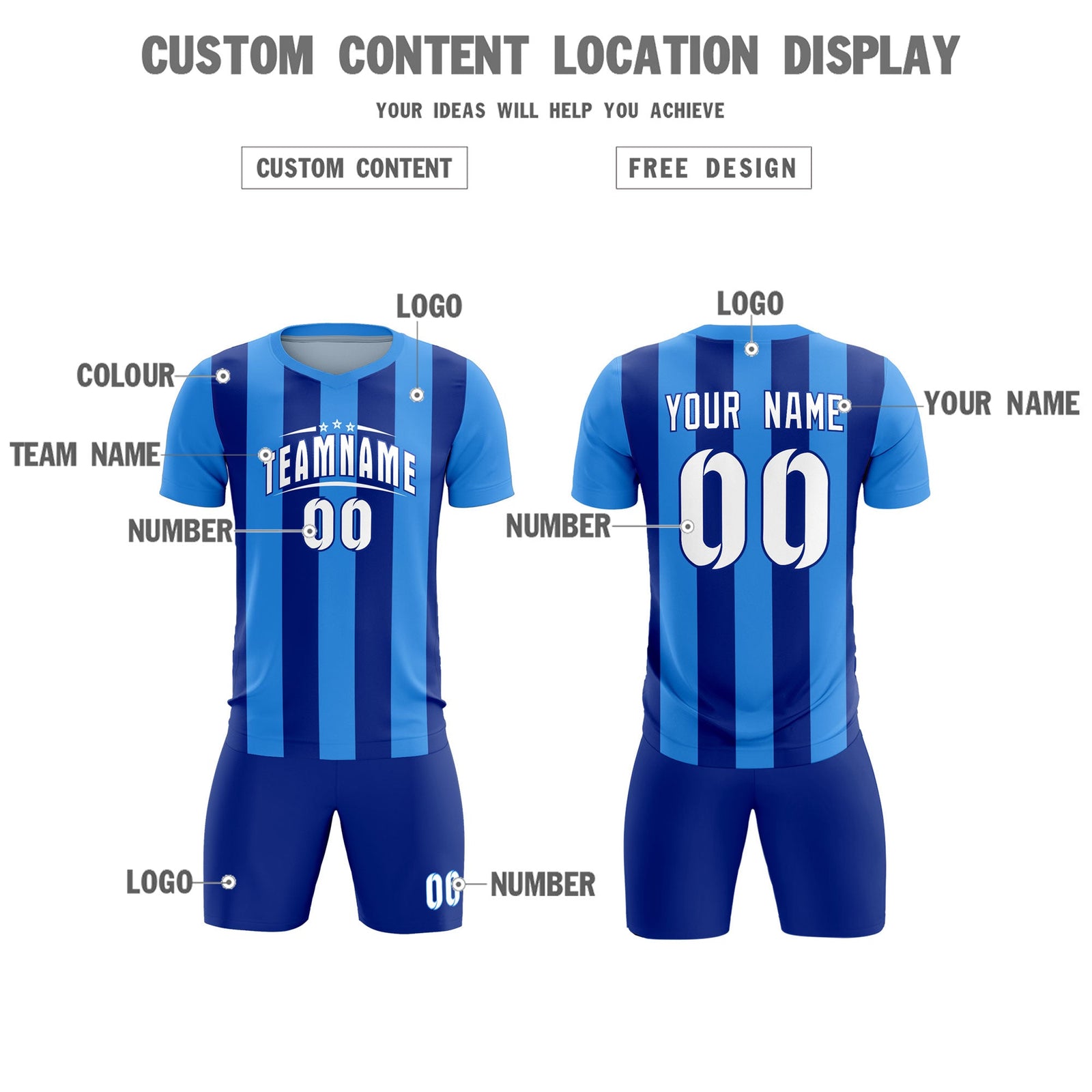 Custom Powder Blue Royal Vertical Stripes Casual Outdoor Soccer Sets Jersey