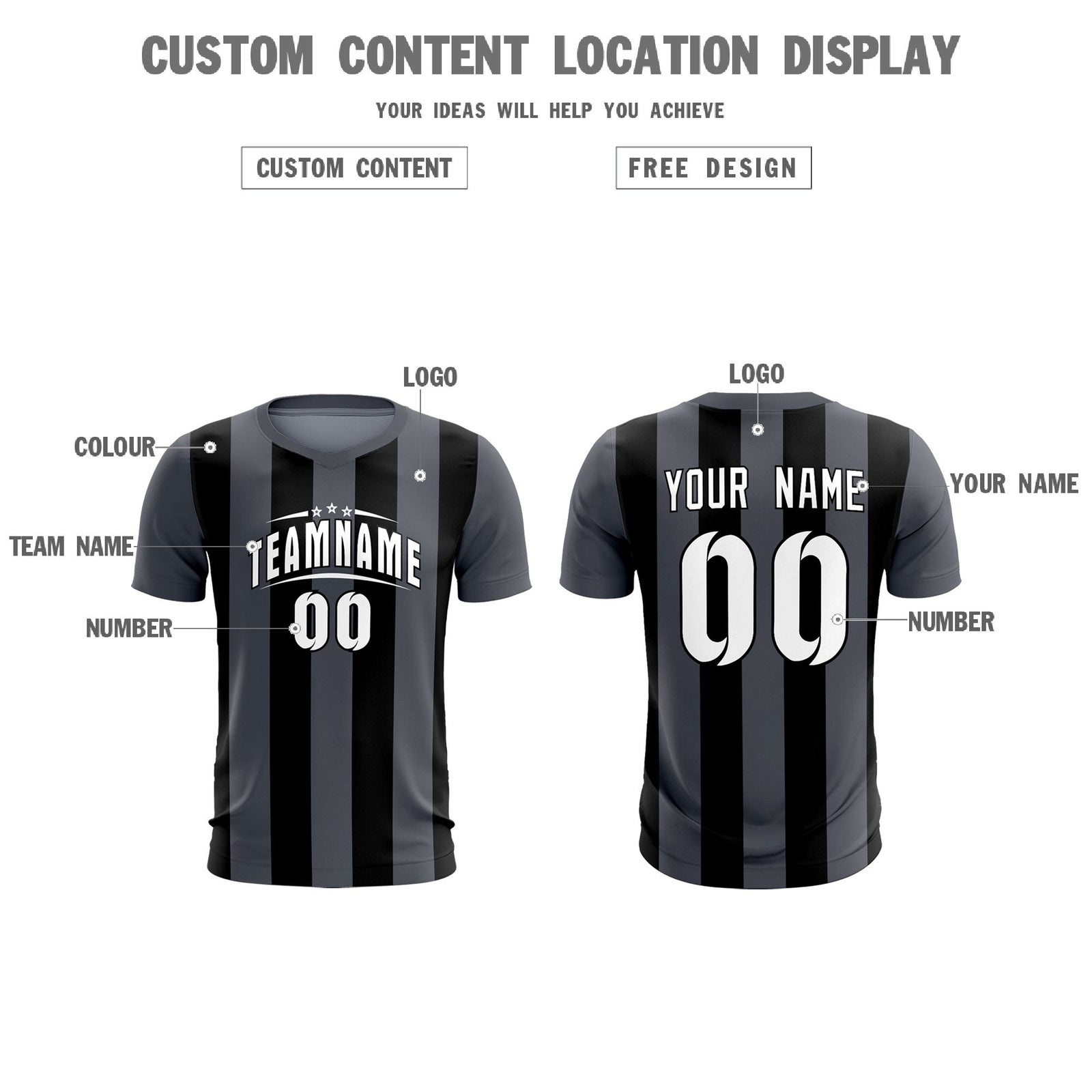 Custom Dark Gray Black Vertical Stripes Casual Outdoor Soccer Sets Jersey