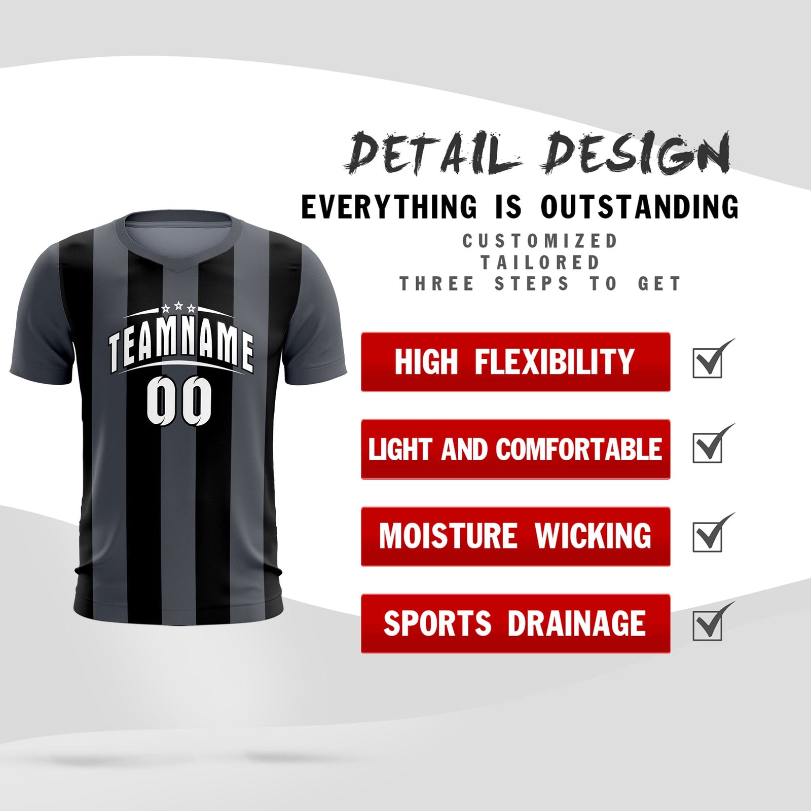 Custom Dark Gray Black Vertical Stripes Casual Outdoor Soccer Sets Jersey