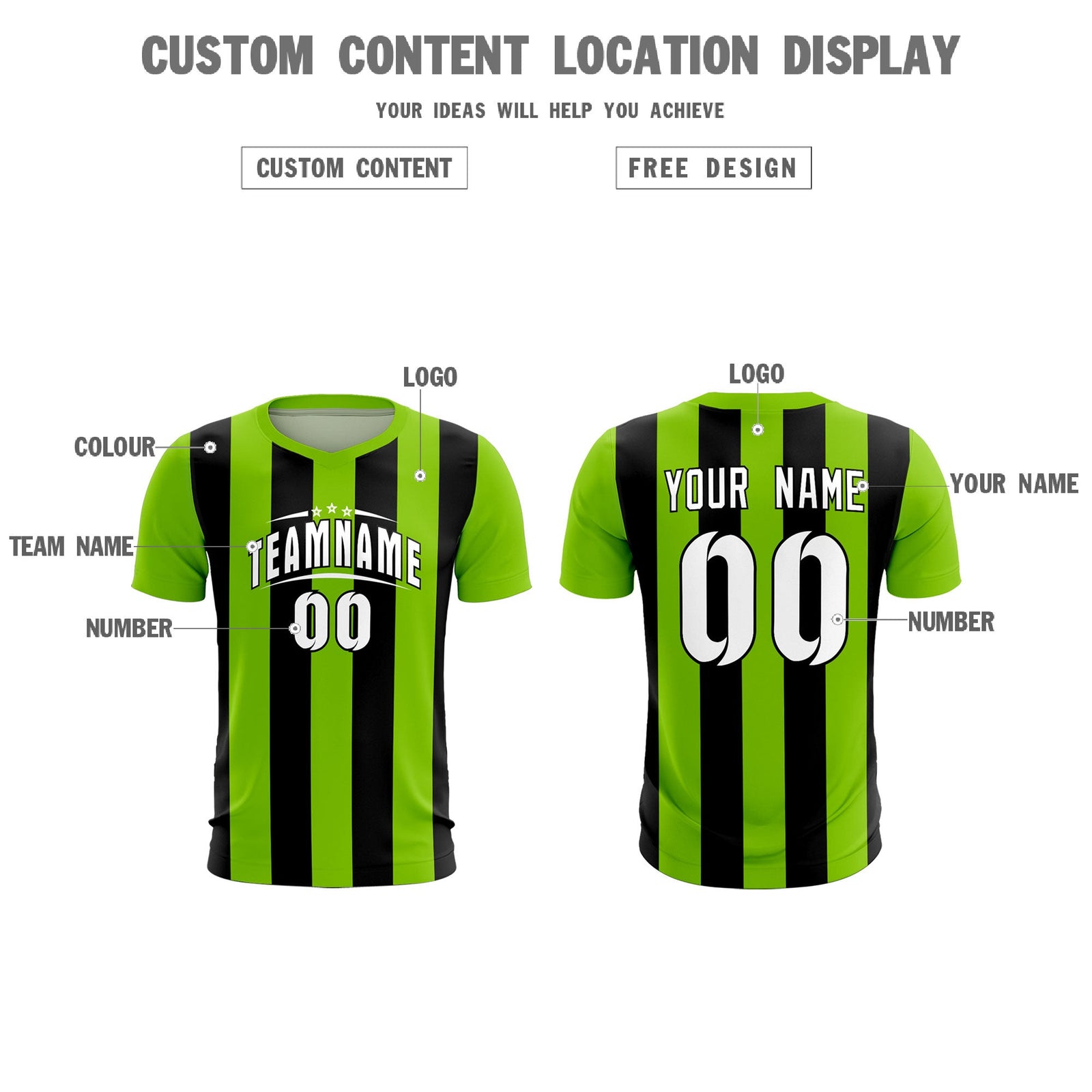 Custom Neon Green Black Vertical Stripes Casual Outdoor Soccer Sets Jersey