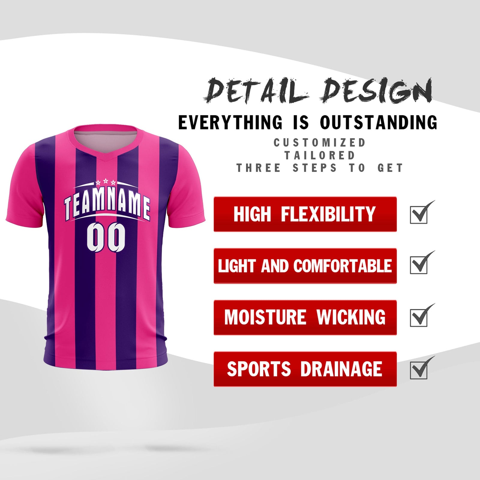 Custom Pink Purple Vertical Stripes Casual Outdoor Soccer Sets Jersey