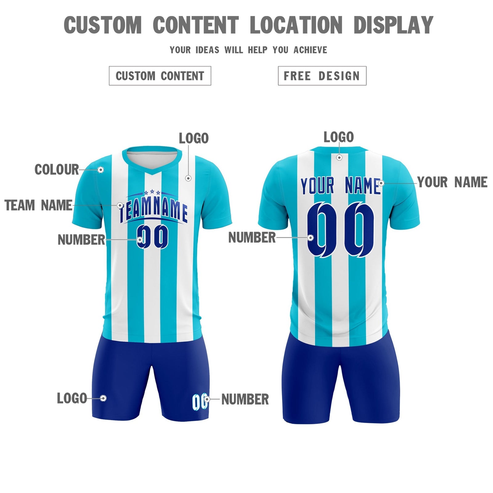 Custom White Sky Blue Vertical Stripes Casual Outdoor Soccer Sets Jersey