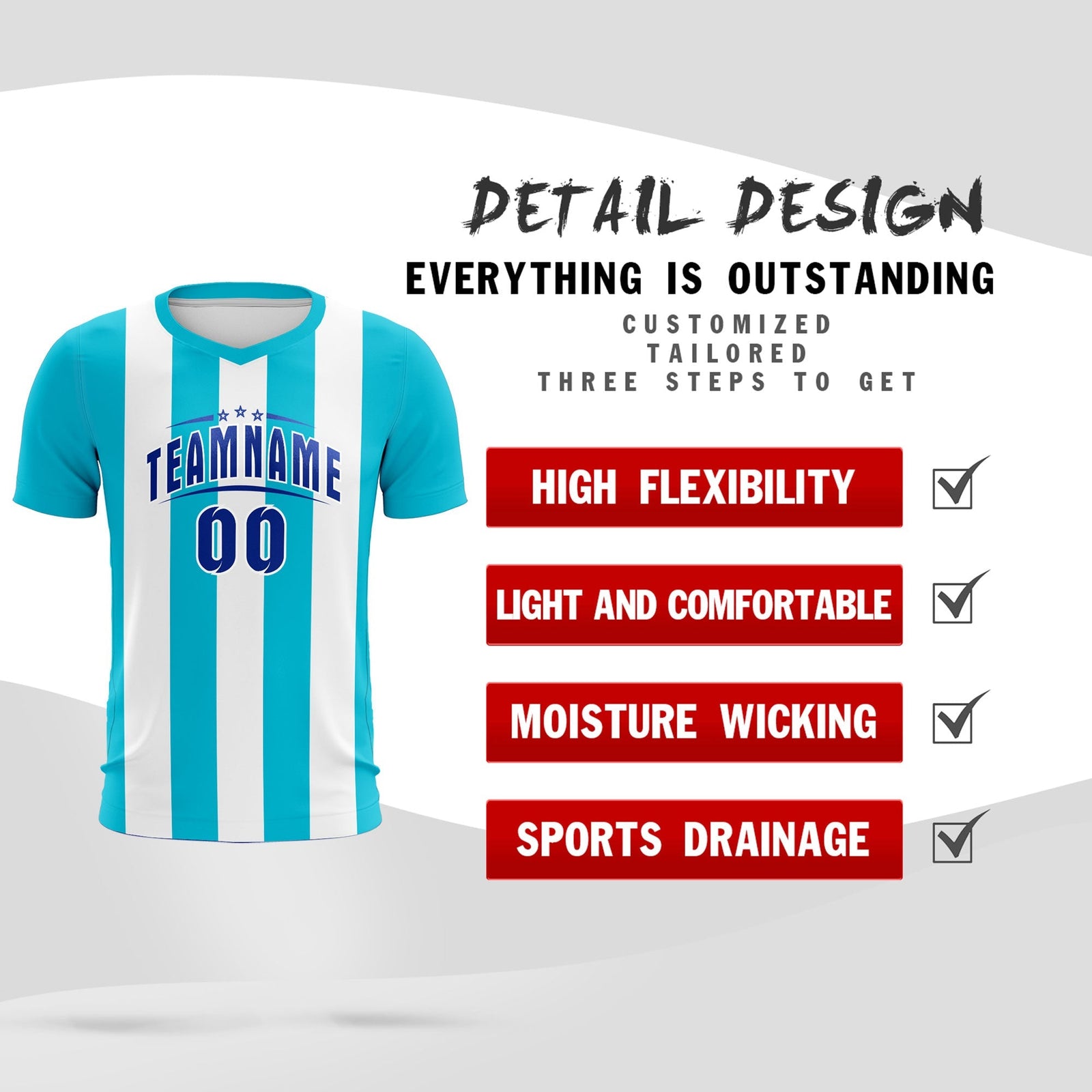 Custom White Sky Blue Vertical Stripes Casual Outdoor Soccer Sets Jersey