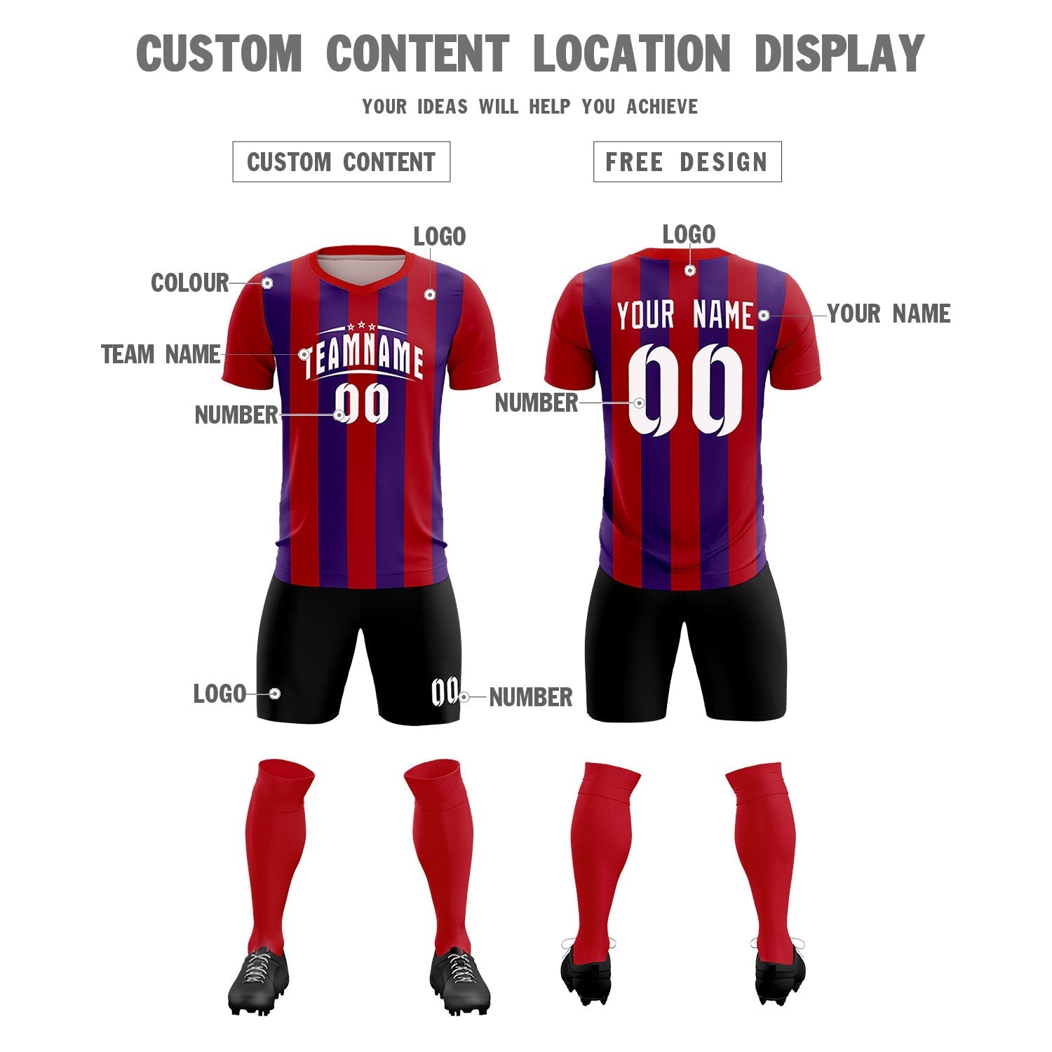 Custom Red Purple Vertical Stripes Casual Outdoor Soccer Sets Jersey