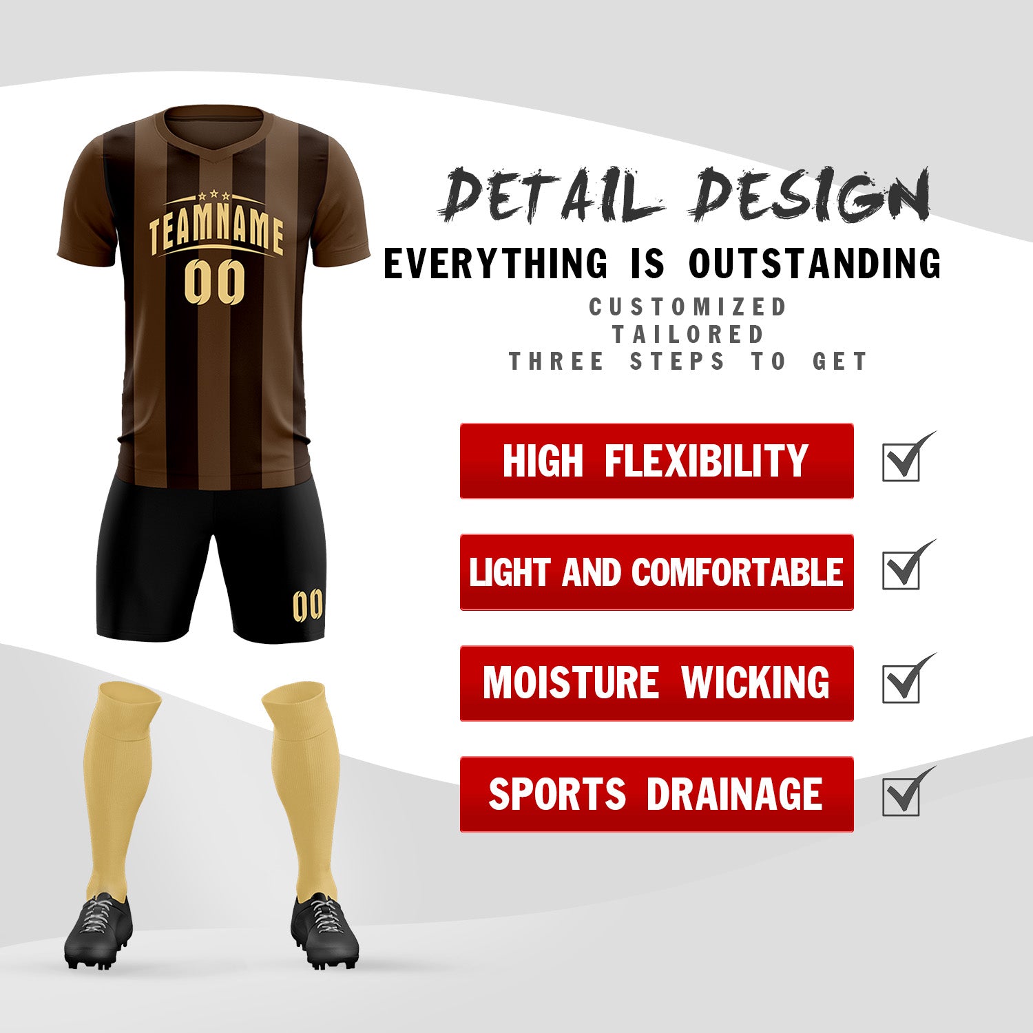 Custom Light Brown Brown Vertical Stripes Casual Outdoor Soccer Sets Jersey