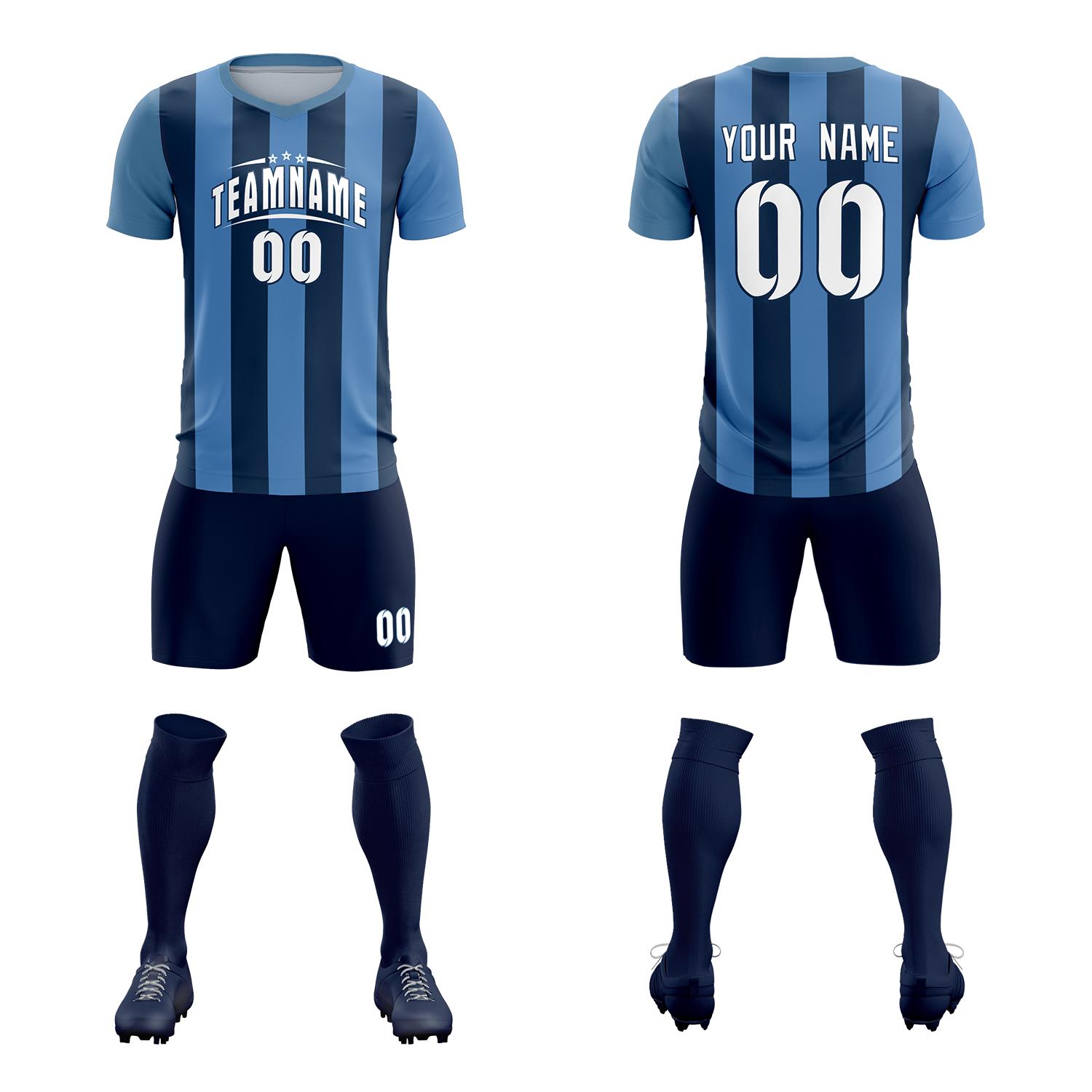 Custom Light Blue Midnight Blue Vertical Stripes Casual Outdoor Soccer Sets Jersey