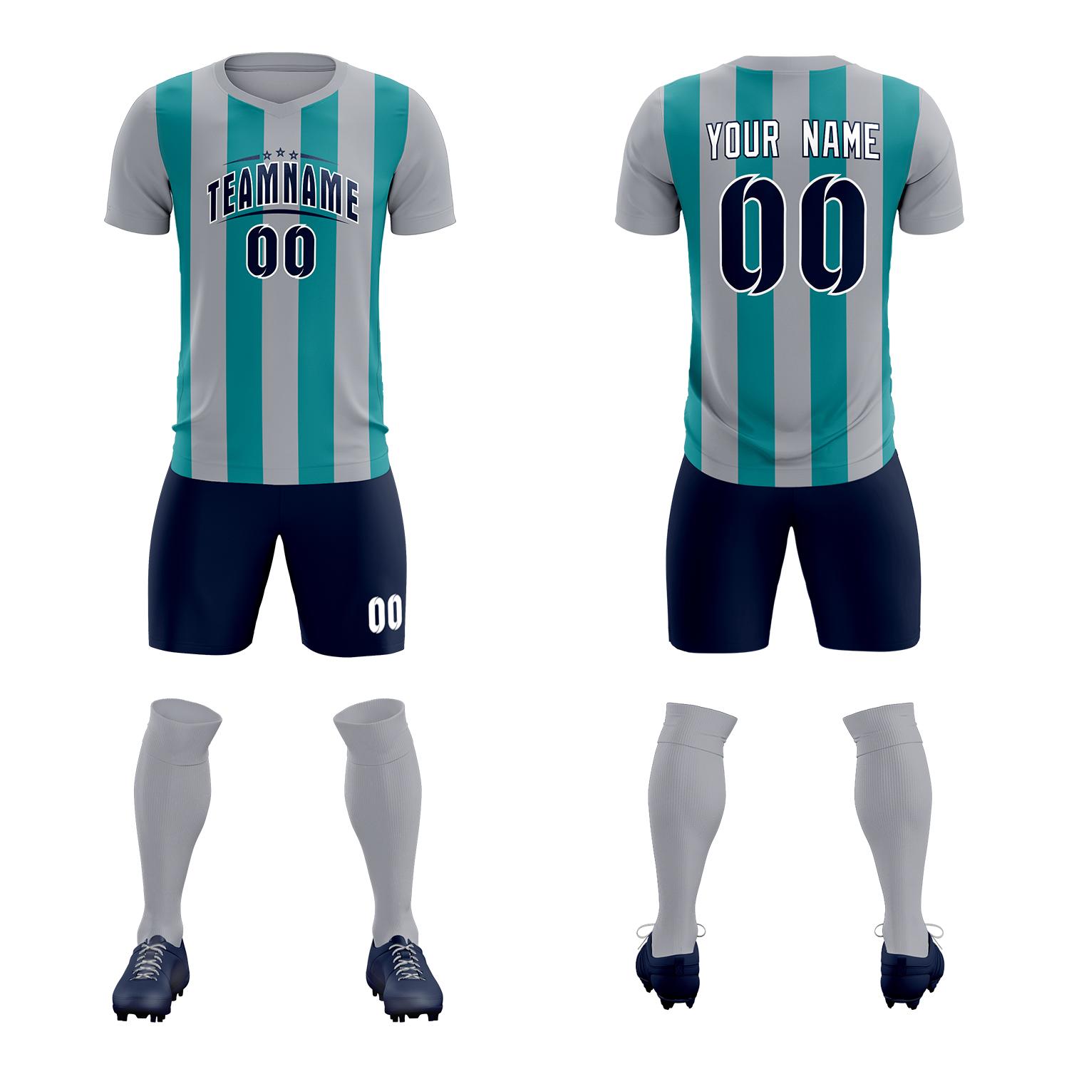 Custom Gray Aqua Vertical Stripes Casual Outdoor Soccer Sets Jersey