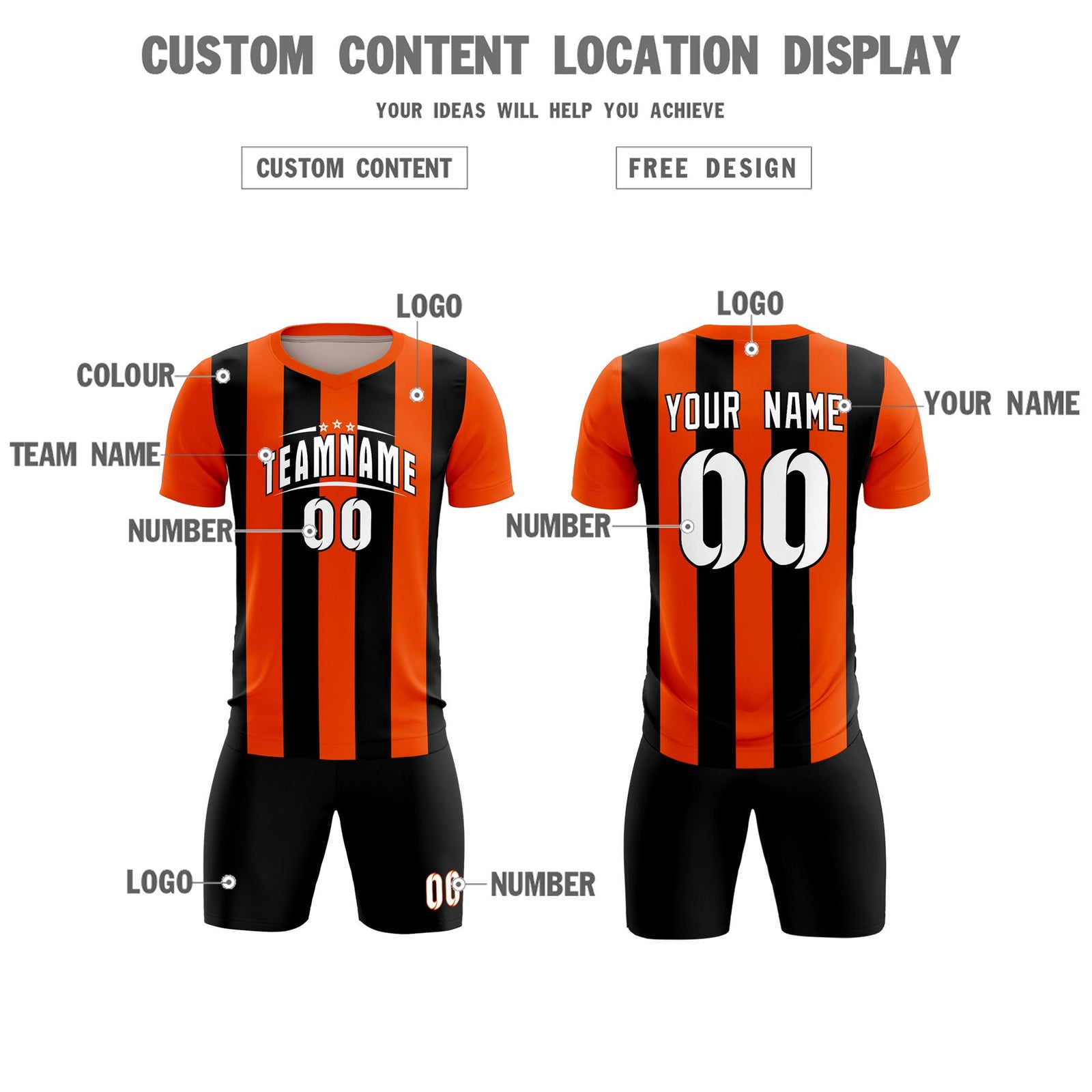 Custom Orange Black Vertical Stripes Casual Outdoor Soccer Sets Jersey