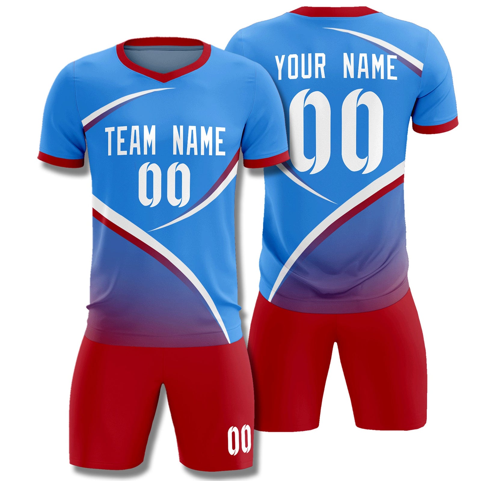 Custom Powder Blue Red Color Block Training Uniform For Men Soccer Sets Jersey