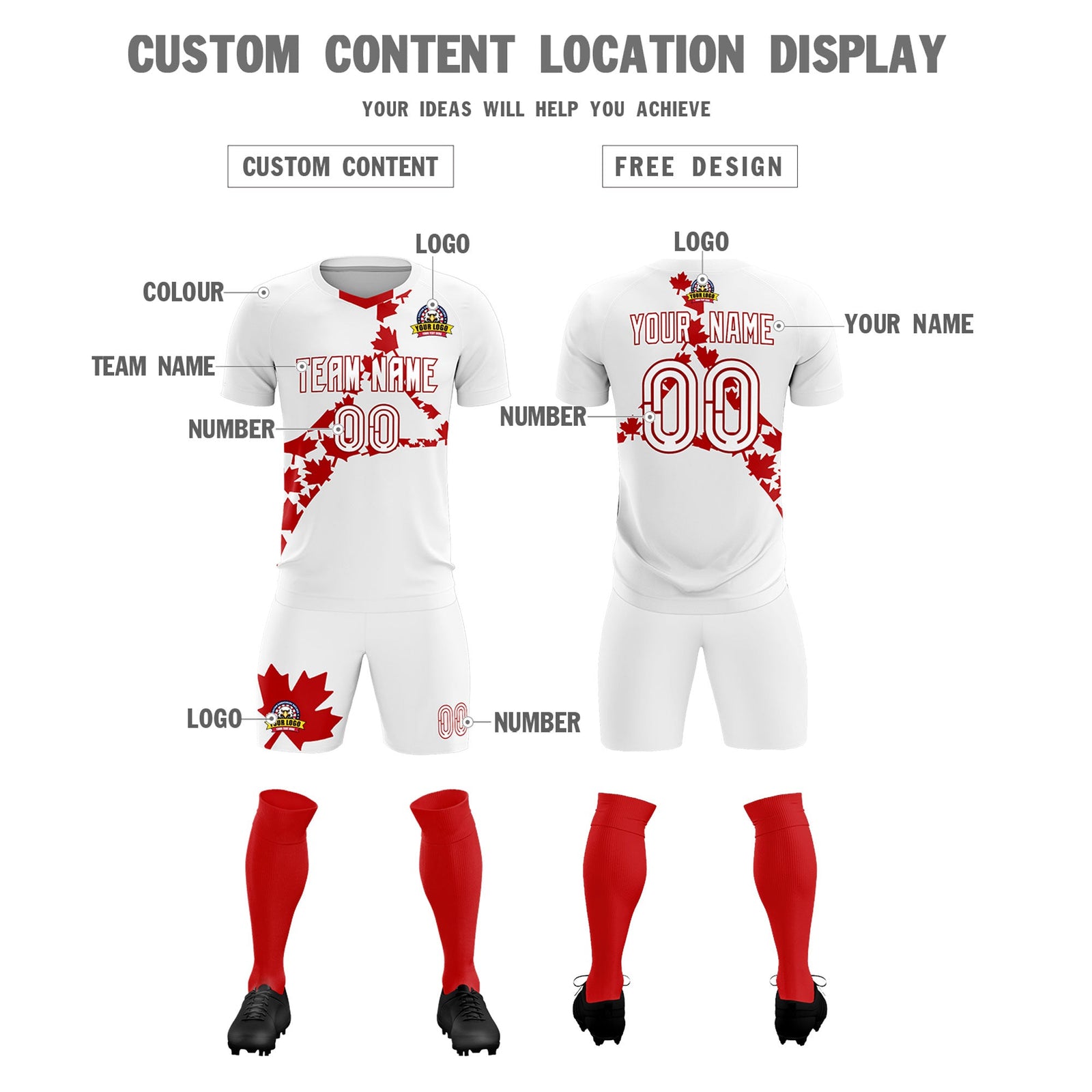 Custom White Red Canada Maple Leaves World Cup Inspired Quick-Drying Graffiti Pattern Soccer Sets Jersey