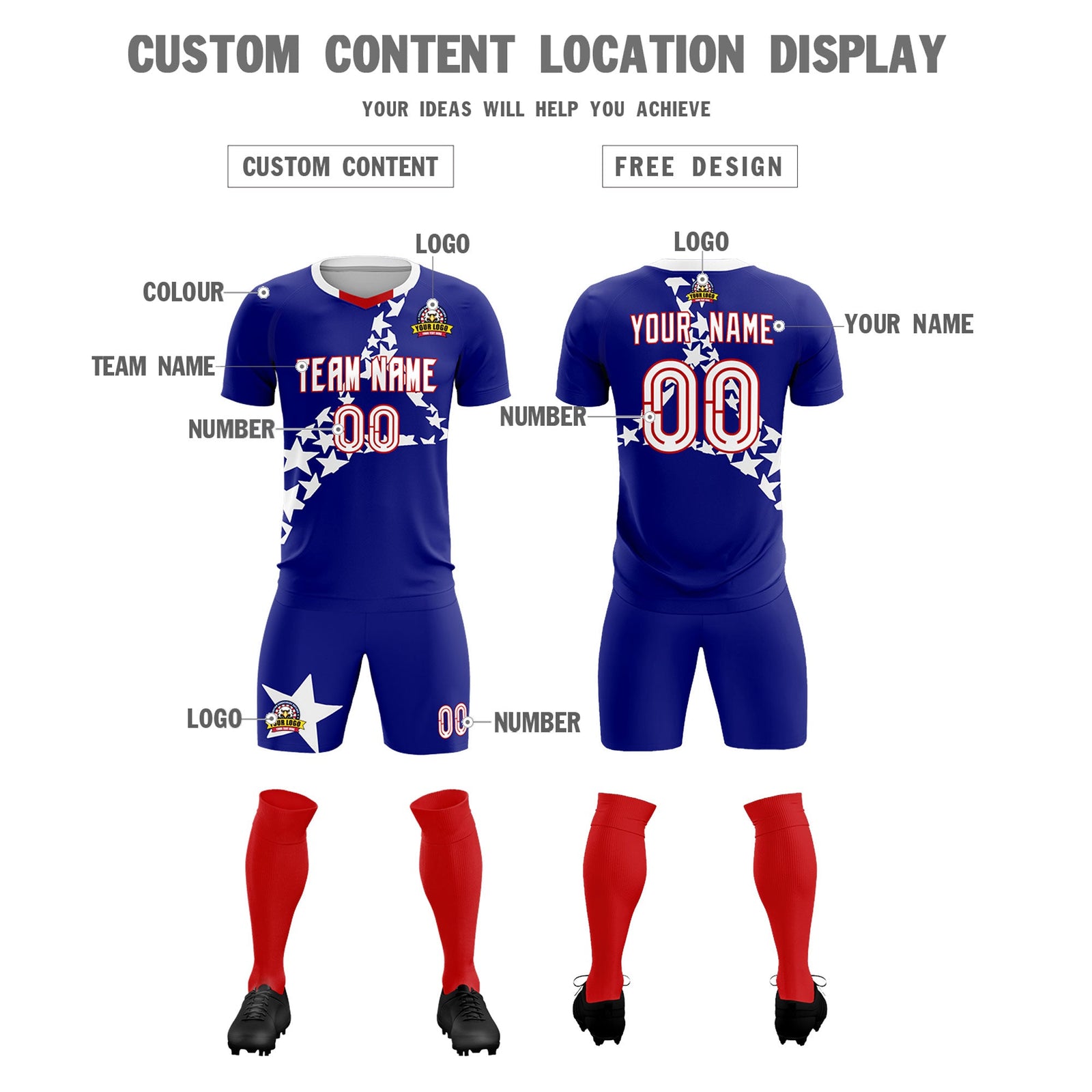 Custom Royal White America Star World Cup Inspired Breathable Graffiti Pattern Soccer Sets Jersey