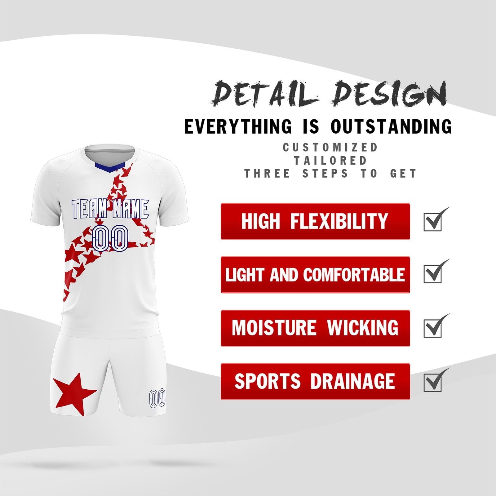 Custom White Red America Star World Cup Inspired Lightweight Graffiti Pattern Soccer Sets Jersey