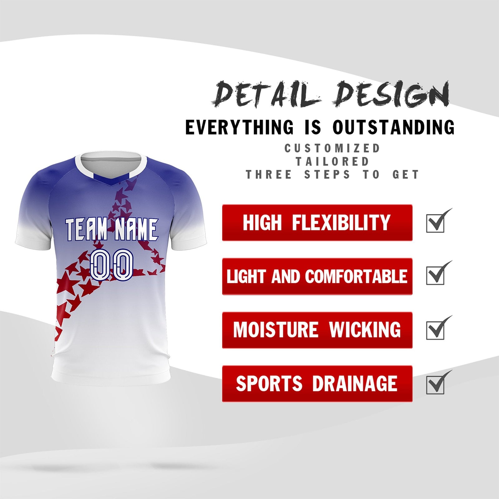 Custom Royal Red America Star World Cup Inspired Drapable Gradient Fashion Soccer Sets Jersey