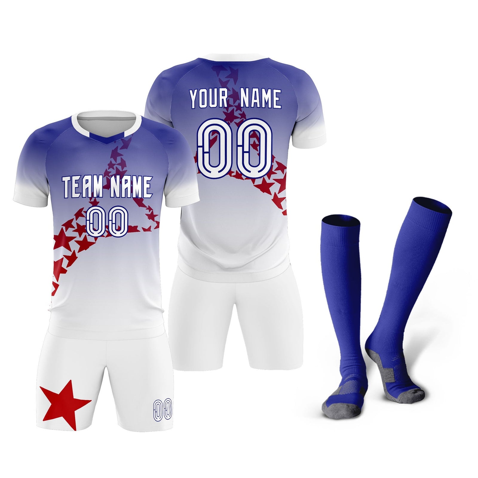 Custom Royal Red America Star World Cup Inspired Drapable Gradient Fashion Soccer Sets Jersey