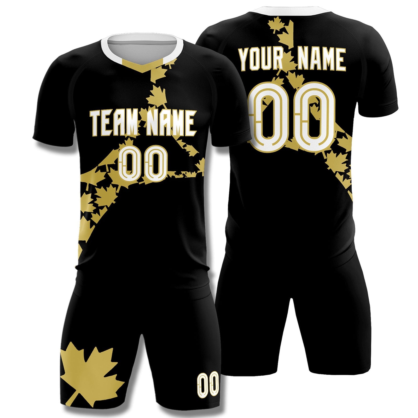 Custom Black Old Gold Canada Maple Leaves World Cup Inspired Breathable Graffiti Pattern Soccer Sets Jersey