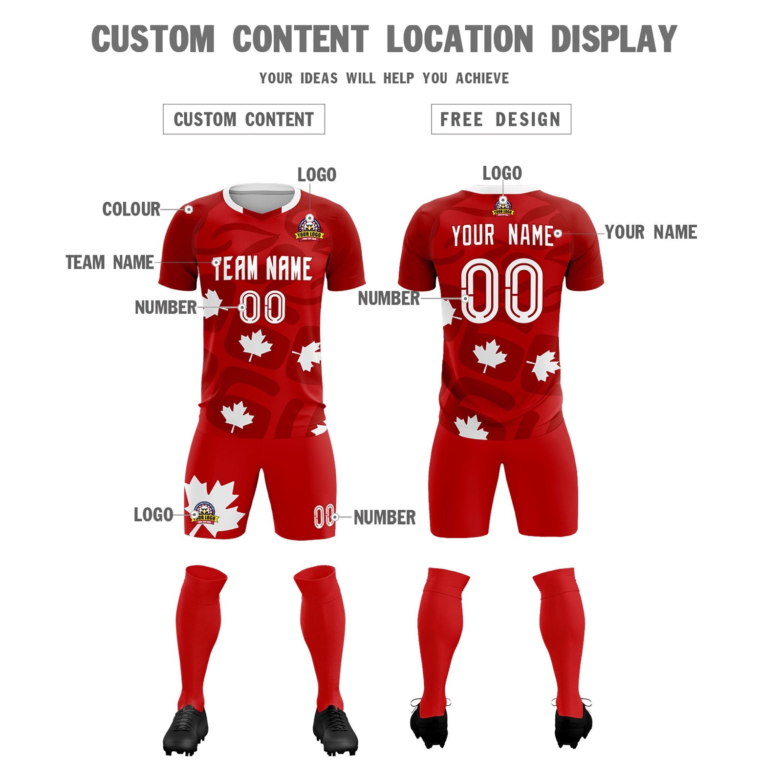 Custom Red Canada Maple Leaves World Cup Inspired Wrinkle-Resistant Graffiti Pattern Soccer Sets Jersey