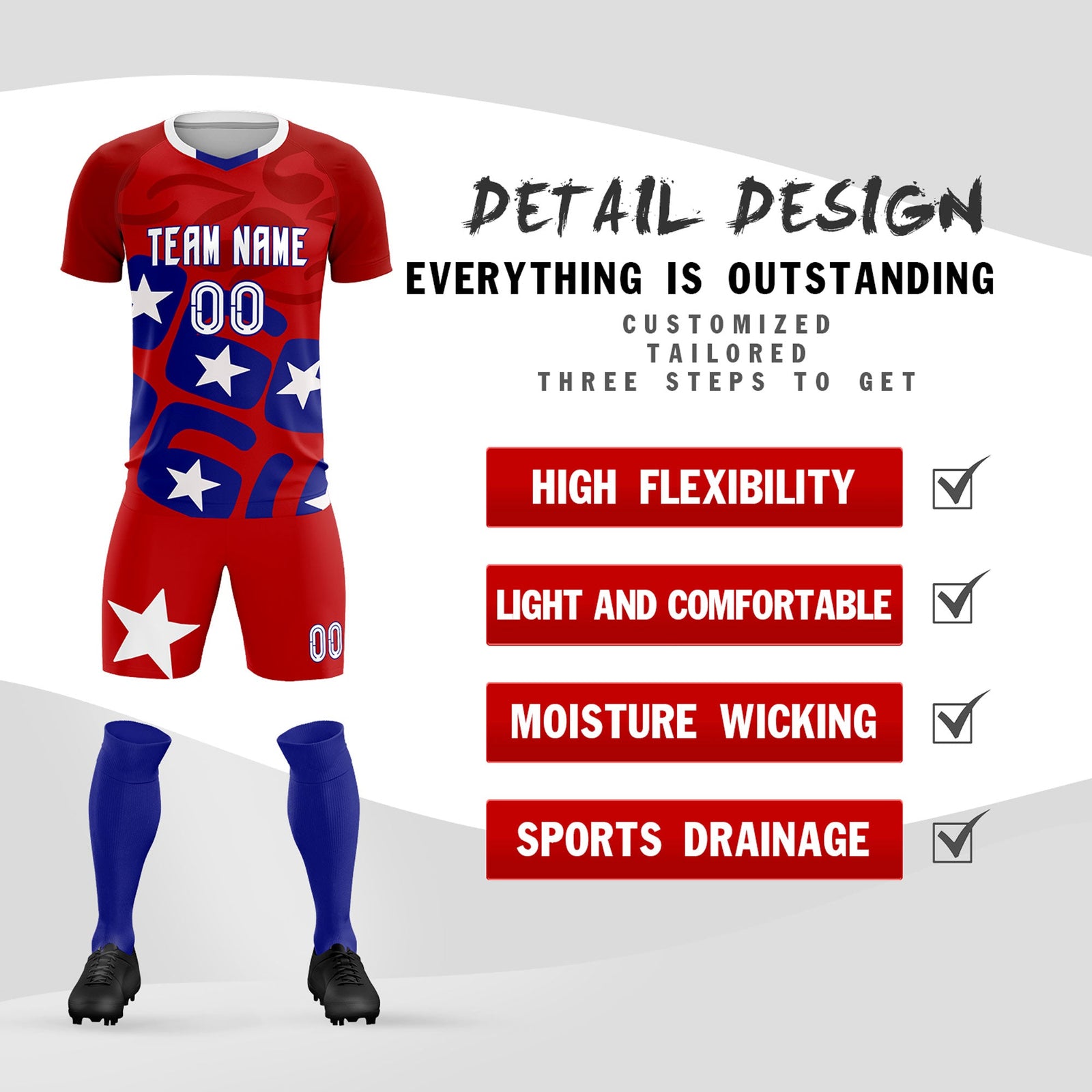 Custom Red America Star World Cup Inspired Breathable Graffiti Pattern Soccer Sets Jersey