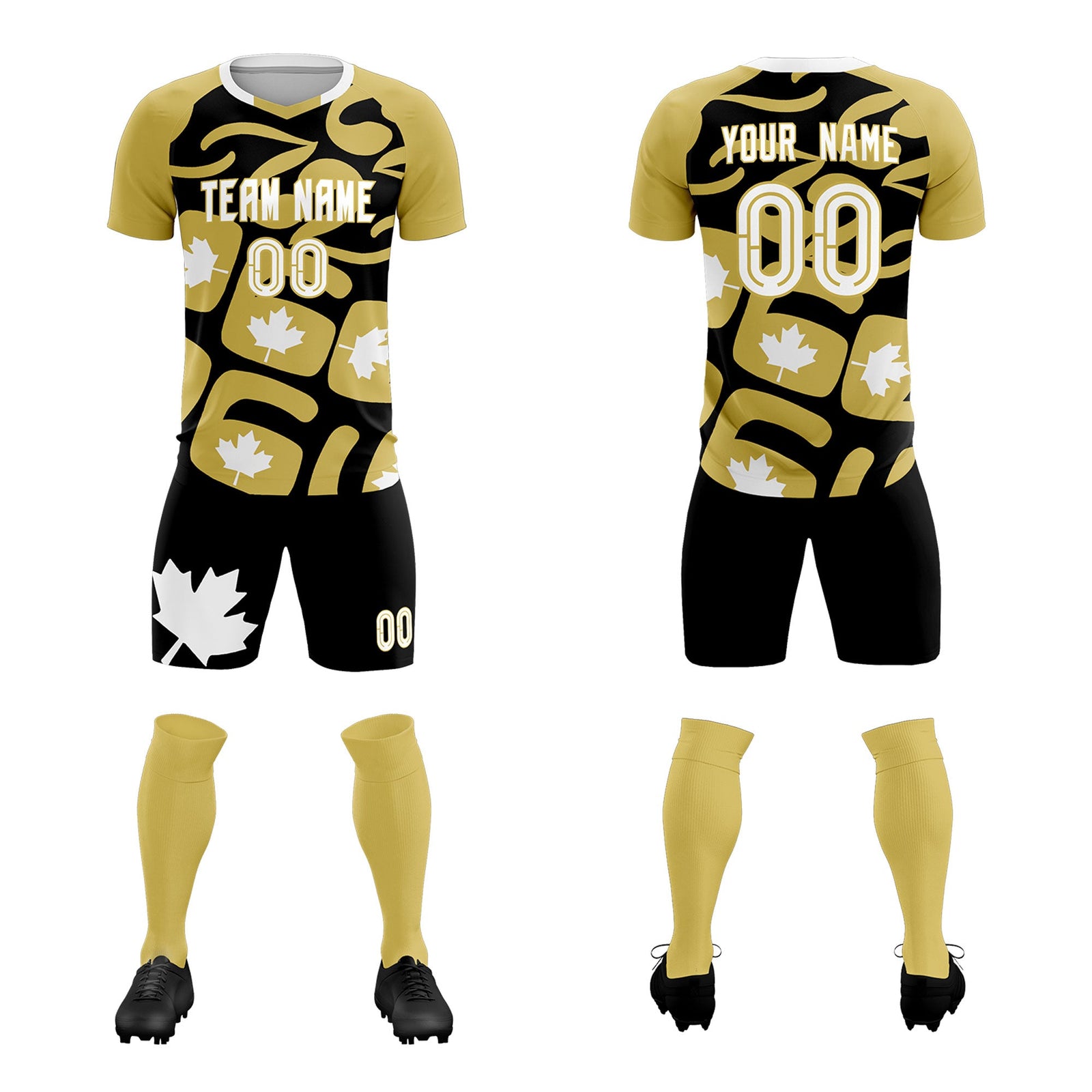 Custom Old Gold Black Canada Maple Leaves World Cup Inspired Drapable Graffiti Pattern Soccer Sets Jersey