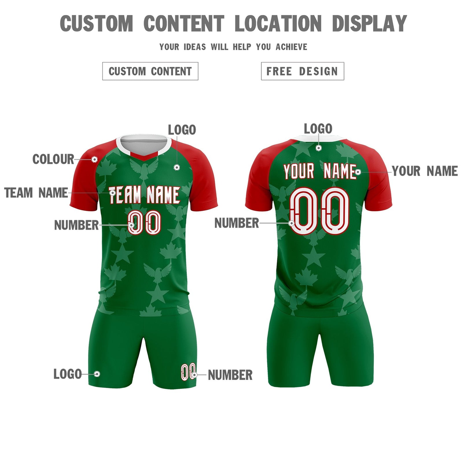 Custom Red Kelly Green World Cup Inspired Lightweight&Drapable Training Uniform Raglan Sleeve Soccer Sets Jersey