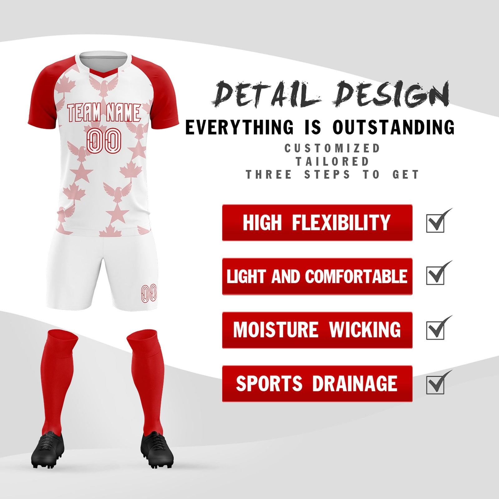 Custom Red White World Cup Inspired Breathable&Quick-Drying Training Uniform Raglan Sleeve Soccer Sets Jersey