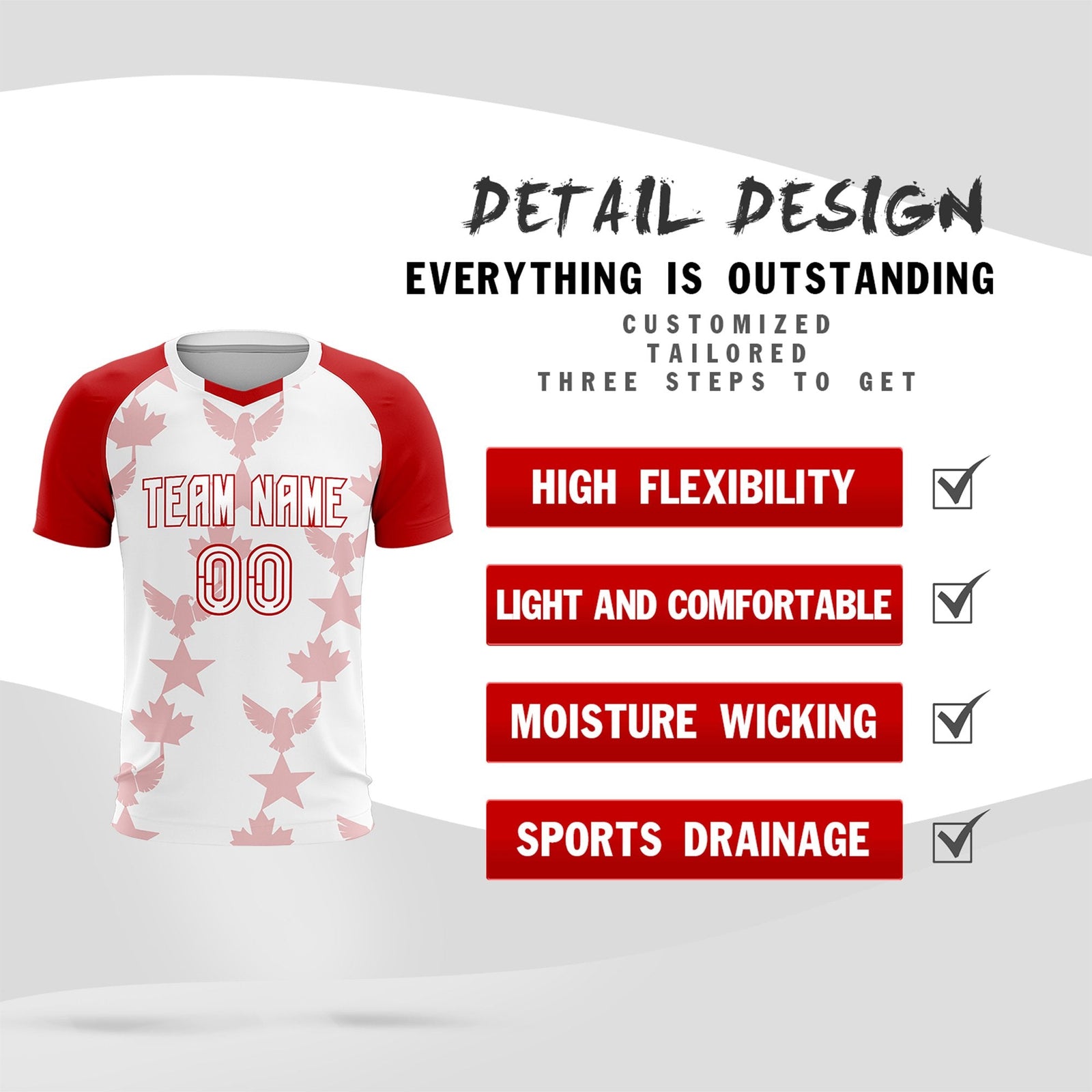 Custom Red White World Cup Inspired Breathable&Quick-Drying Training Uniform Raglan Sleeve Soccer Sets Jersey