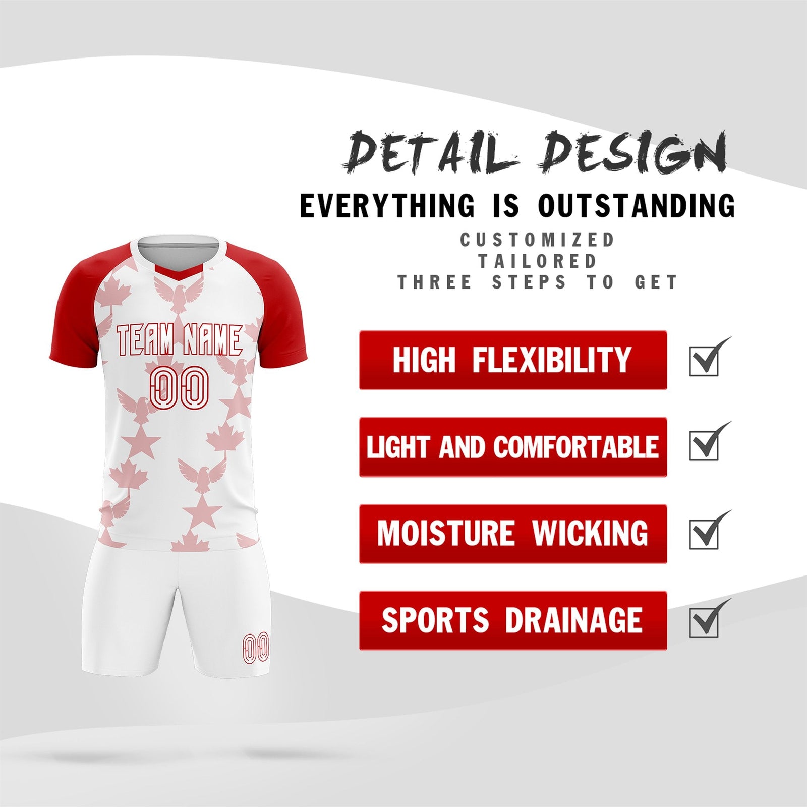 Custom Red White World Cup Inspired Breathable&Quick-Drying Training Uniform Raglan Sleeve Soccer Sets Jersey