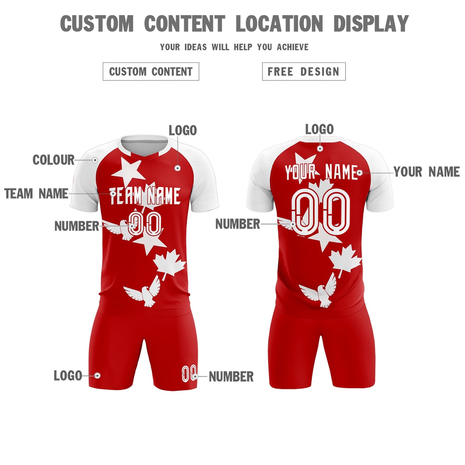 Custom White Red World Cup Inspired Lightweight&Drapable Training Uniform Raglan Sleeve Soccer Sets Jersey