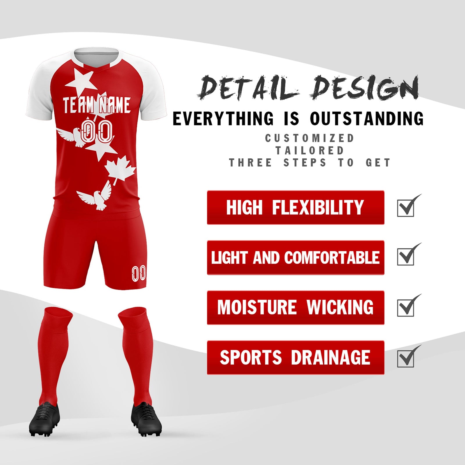 Custom White Red World Cup Inspired Lightweight&Drapable Training Uniform Raglan Sleeve Soccer Sets Jersey