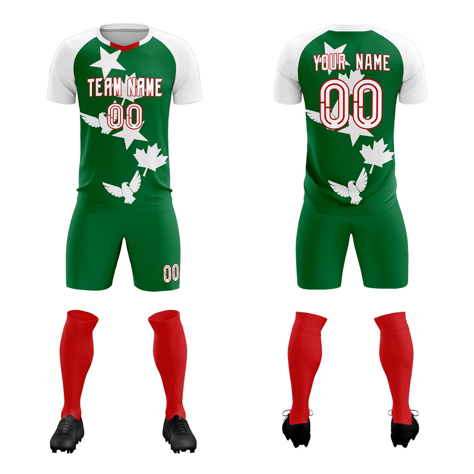 Custom White Kelly Green World Cup Inspired Wrinkle-Resistant Training Uniform Raglan Sleeve Soccer Sets Jersey