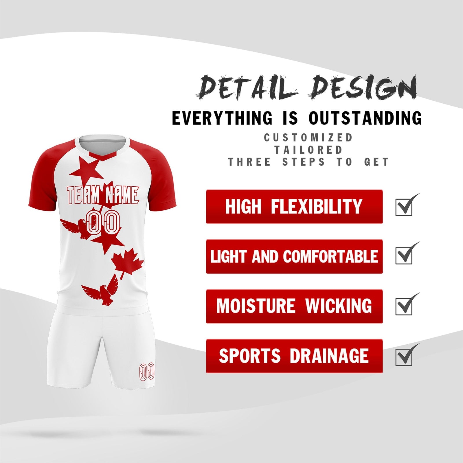 Custom Red White World Cup Inspired Lightweight&Drapable Training Uniform Raglan Sleeve Soccer Sets Jersey