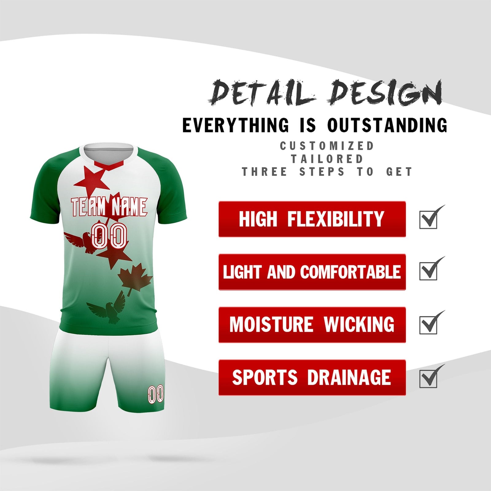 Custom Kelly Green White World Cup Inspired Quick-Drying Training Uniform Gradient Fashion Soccer Sets Jersey
